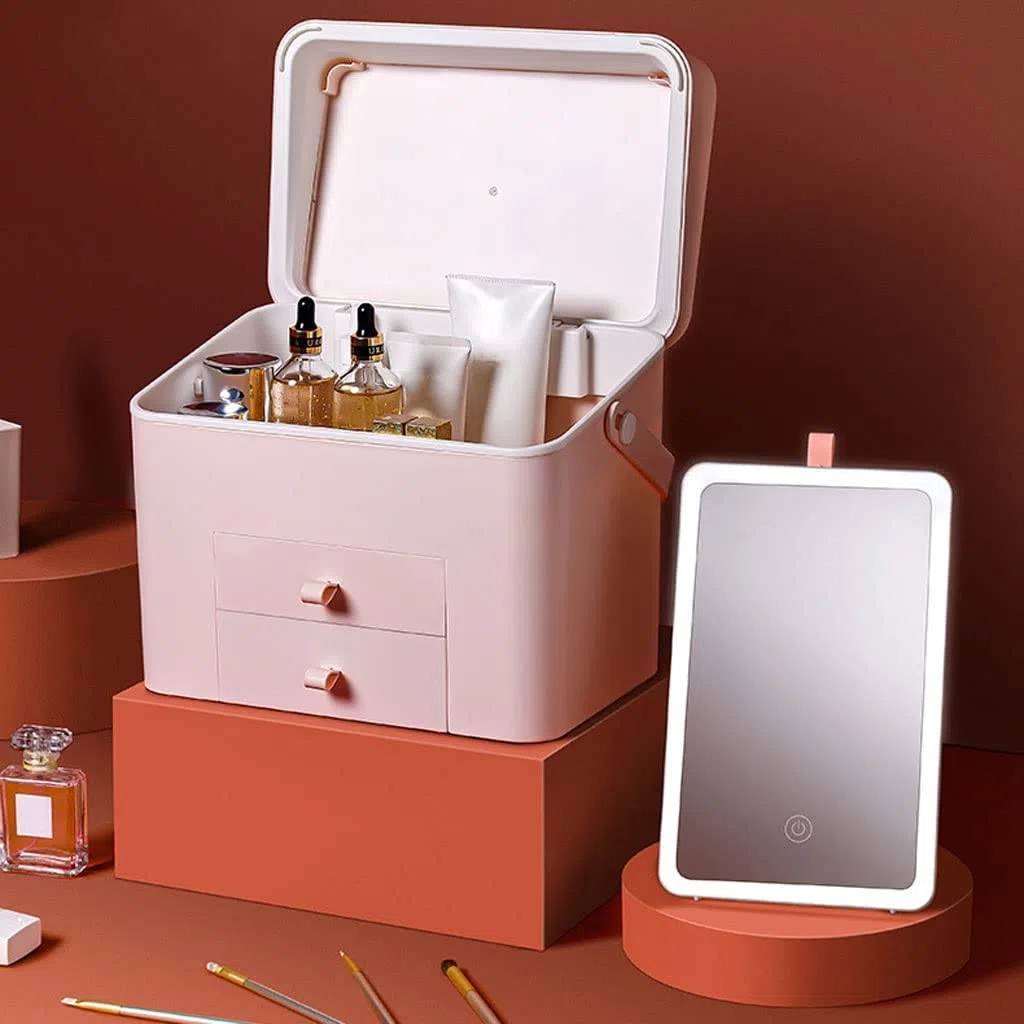 Kosmetische Vitrine Tragbare Kosmetik-Aufbewahrungsbox Hautpflege-Aufbewahrungsbox mit beleuchtetem Make-up-Spiegel-Aufbewahrungsbox Geeignet for Badezimmer-Schlafzimmer-Kommode Make-up-Organizer