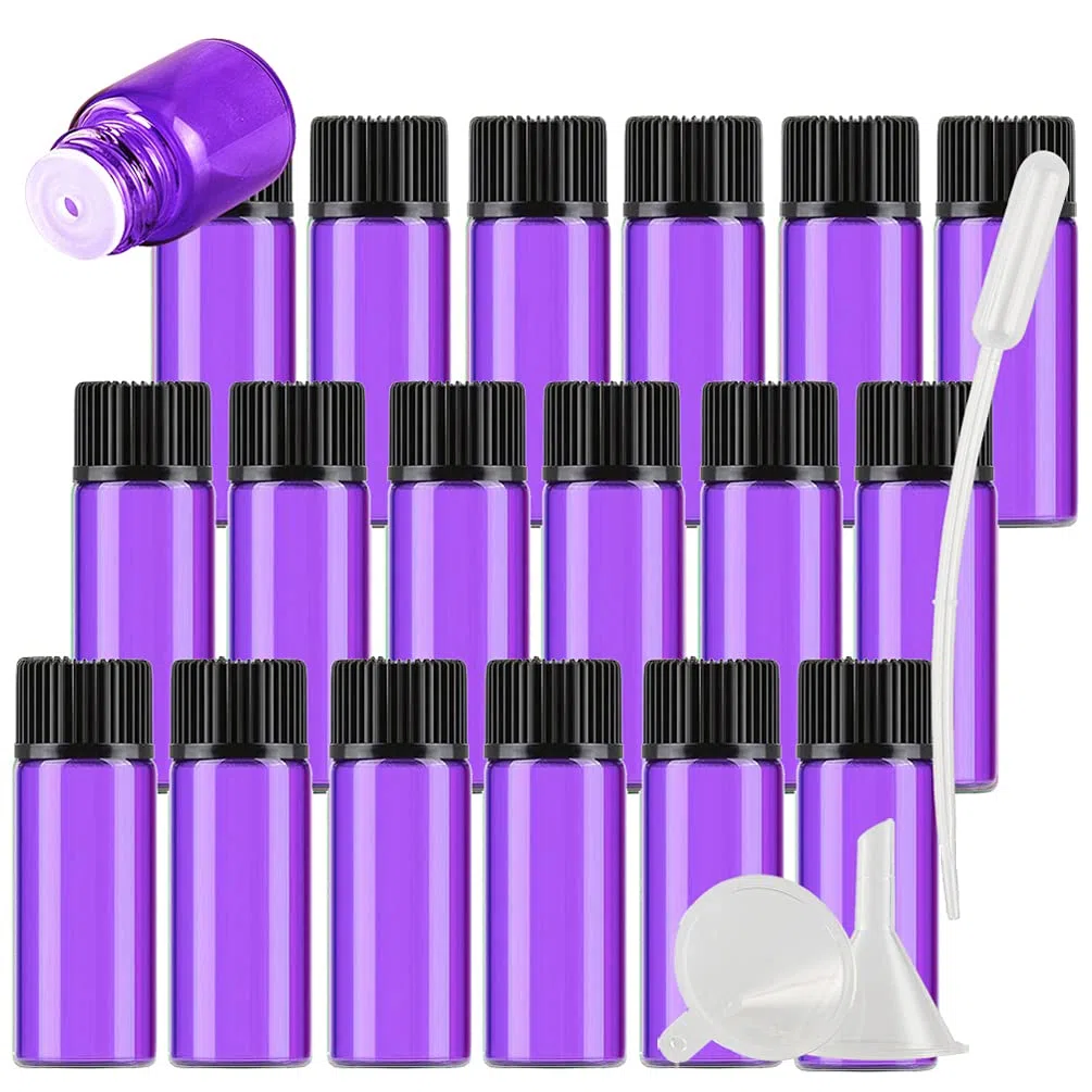 25 Stück Leer 5 ml Kleine Glasflaschen mit Orifice Reducer Lila Mini-ätherische Ölflaschen Duft Glas Fläschchen für Ätherisches Öl,Aromatherapie,Parfüm,Massage