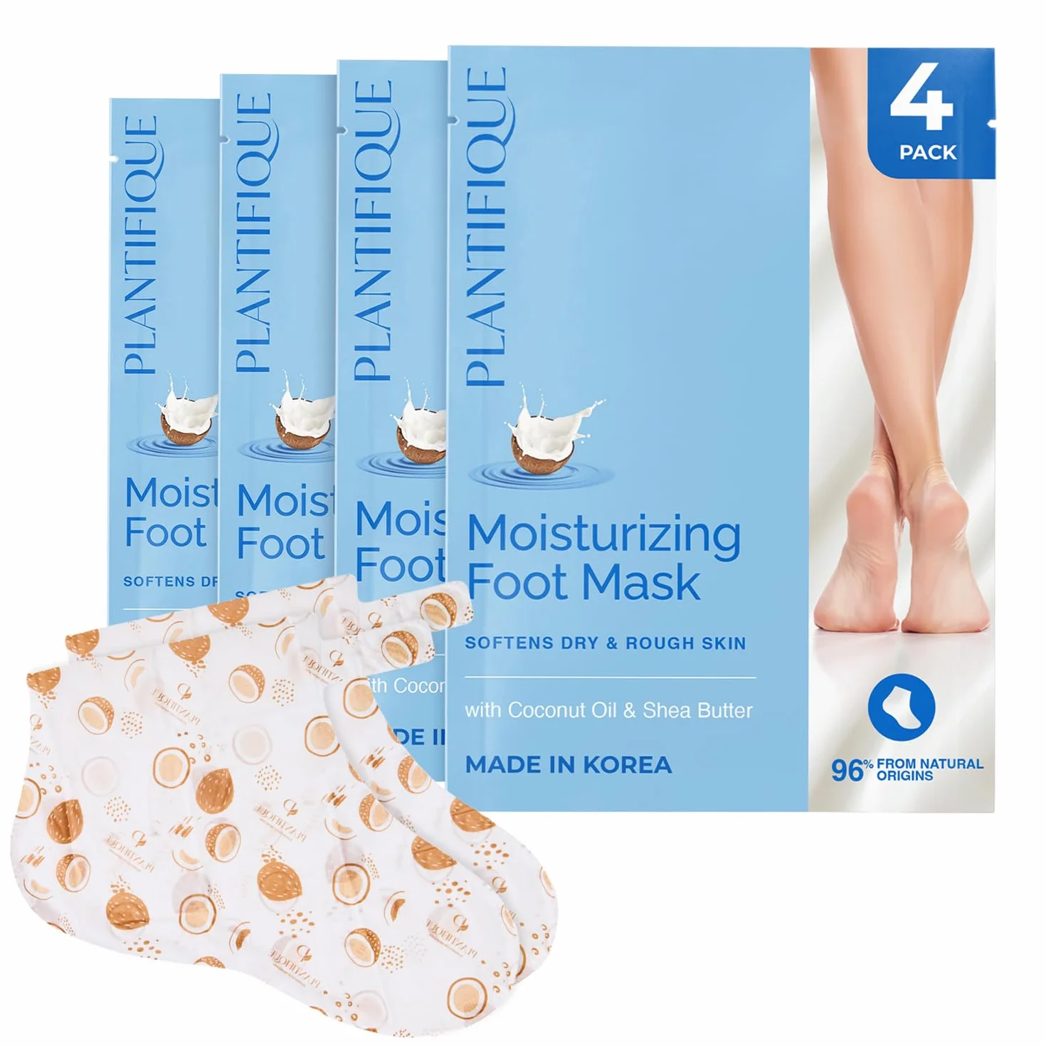 Plantifique Koreanische Fußmaske Socken, 4 Paar mit Box - Fusspflege Hornhaut Socken für Trockene Füße und Rissige Fersen - Hornhautentferner - Korean Foot Mask