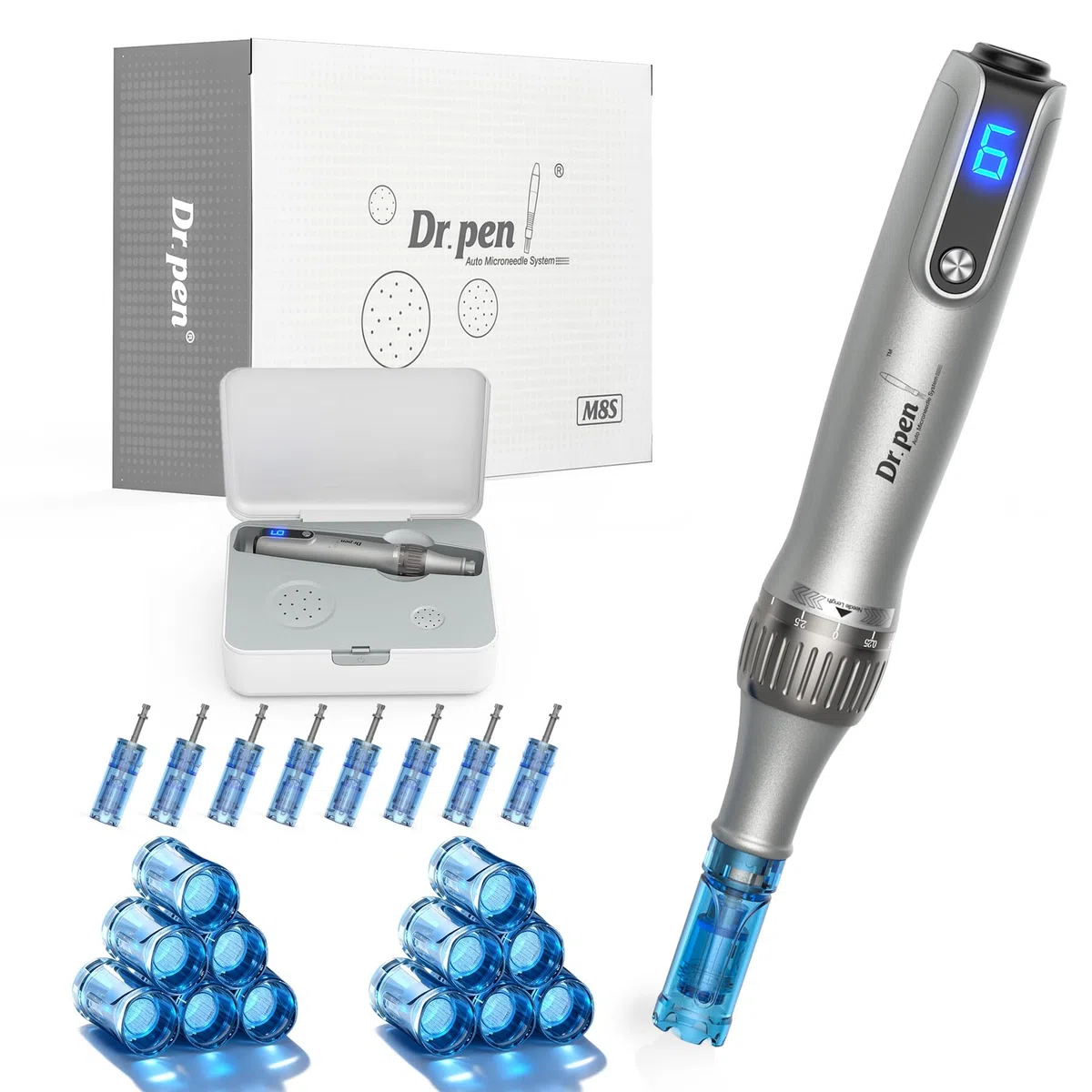 Dr.pen Ultima M8S Microneedling Pen, Elektrischer Dermapen, Kabelloser Microneedling Gerät, LED Display, 6 Geschwindigkeitsstufen und 20 Ersatzkartuschen, Geeignet für die Gesichts und Körperpflege