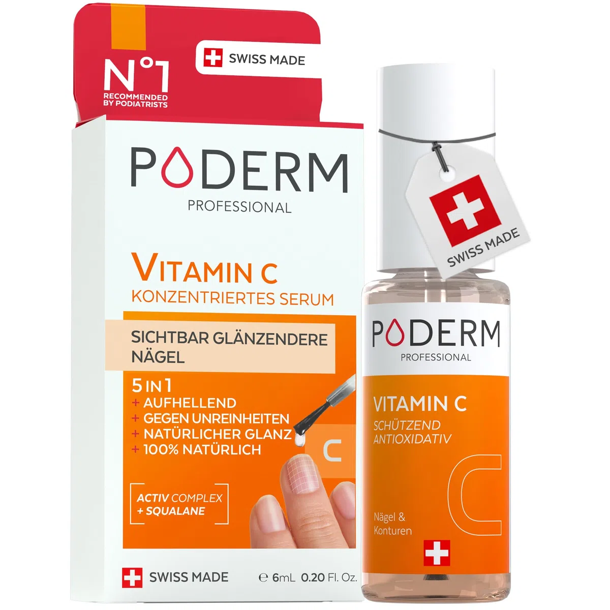 PODERM 5 in 1 Nagel Booster Serum – Vitamin C | Aufhellende & Antioxidative Pflege für Stumpfe Nägel – 6 ML | Nährt und Schützt Nagel | 100% natürlich – Entwickelt von einem Podologen in der Schweiz