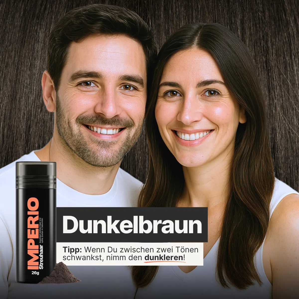 IMPERIO Streuhaar zur Haarverdichtung & vollem Haar in Sekunden. Schütthaar für einen authentischen Look. 100% Natur! In Premium Friseurqualität - 26g (Dunkelbraun)