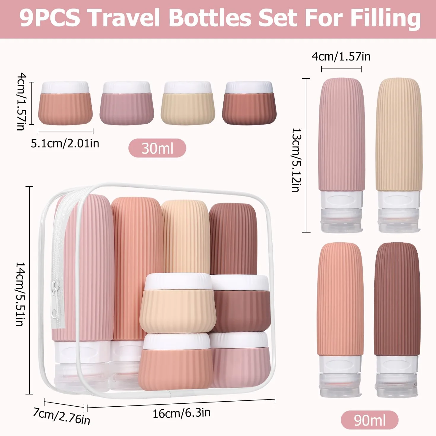 8 Stück Reiseflaschen Zum Befüllen,Silikon Reiseset Flüssigkeiten,Reiseflaschen Zum Befüllen 30/90ml,Reise-Behälter für Toilettenartikel,mit Clear Bag,Leak Proof Squeezable Reise Gadgets Cremes Jars