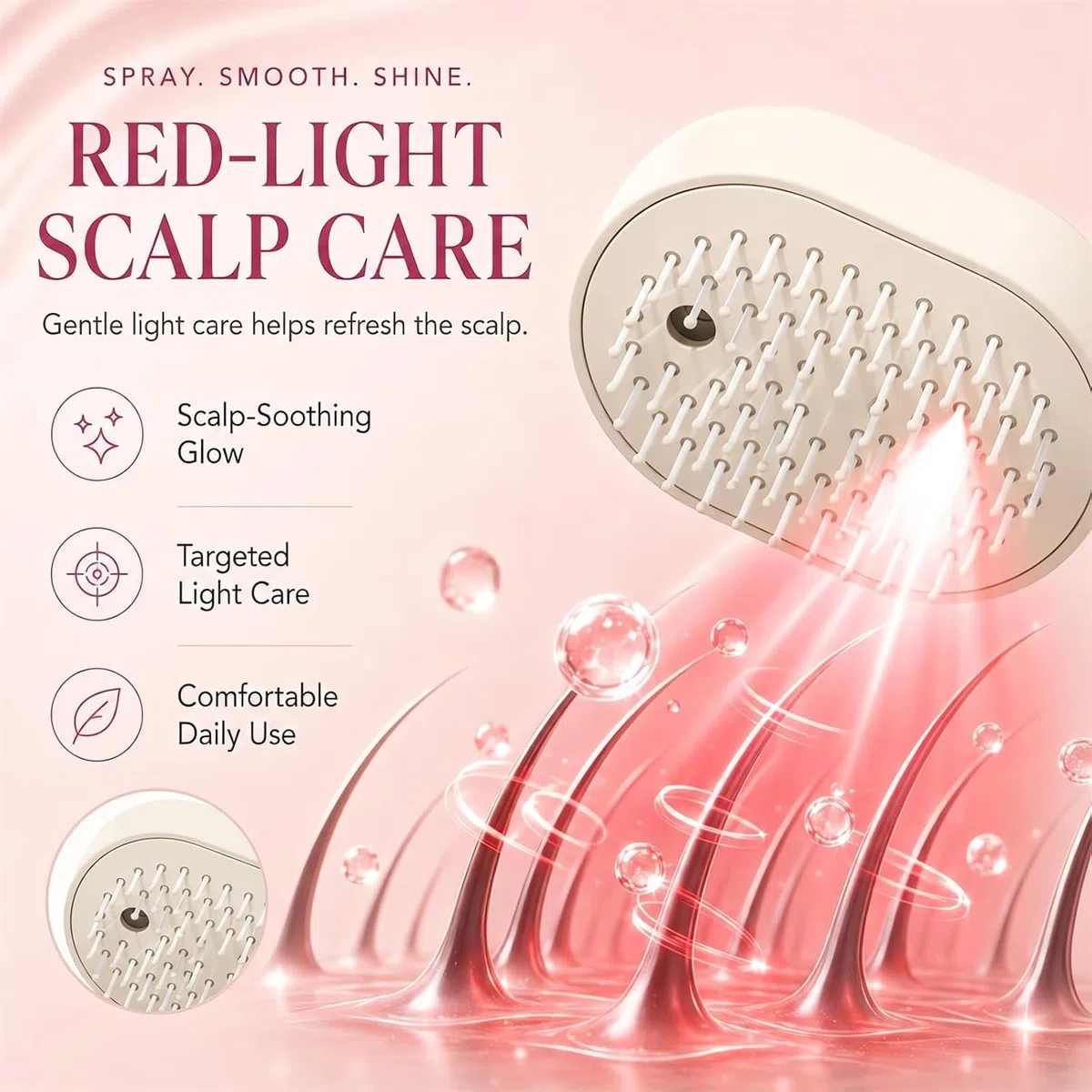 Electric Spray Air Cushion Massage Comb, 3-in-1 Spray Air Cushion Massage Comb & Self-Cleaning, Rechargeable Scalp Massage Brush, Anti-Static Detangling Hairbrush for Wet, Dry, Curly Hair (Pink)