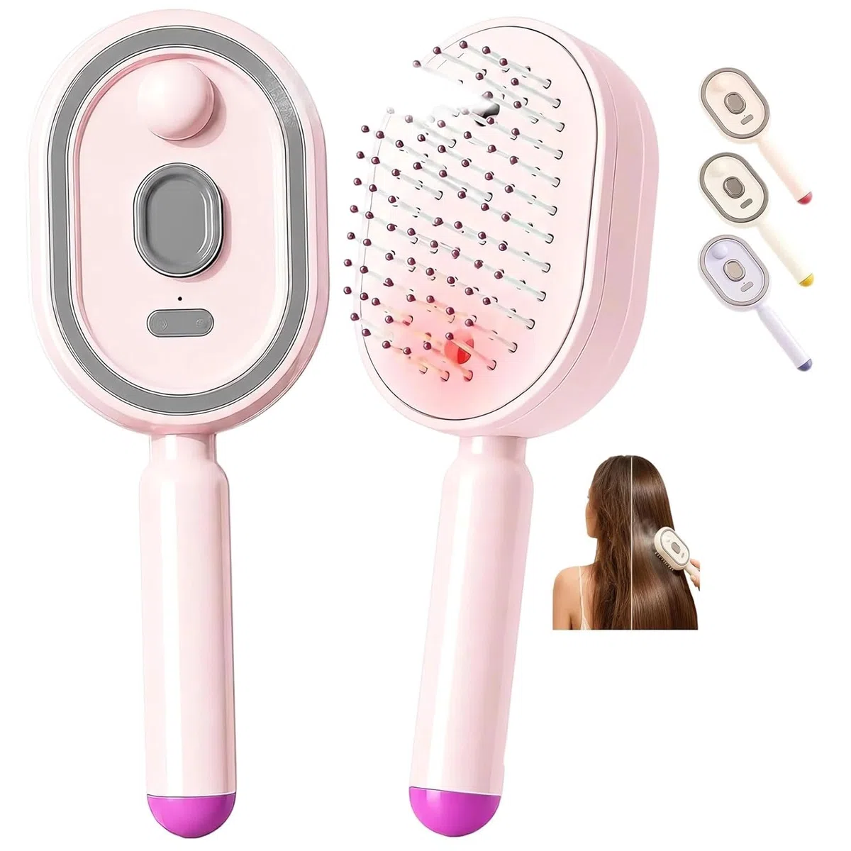 Electric Spray Air Cushion Massage Comb, 3-in-1 Spray Air Cushion Massage Comb & Self-Cleaning, Rechargeable Scalp Massage Brush, Anti-Static Detangling Hairbrush for Wet, Dry, Curly Hair (Pink)