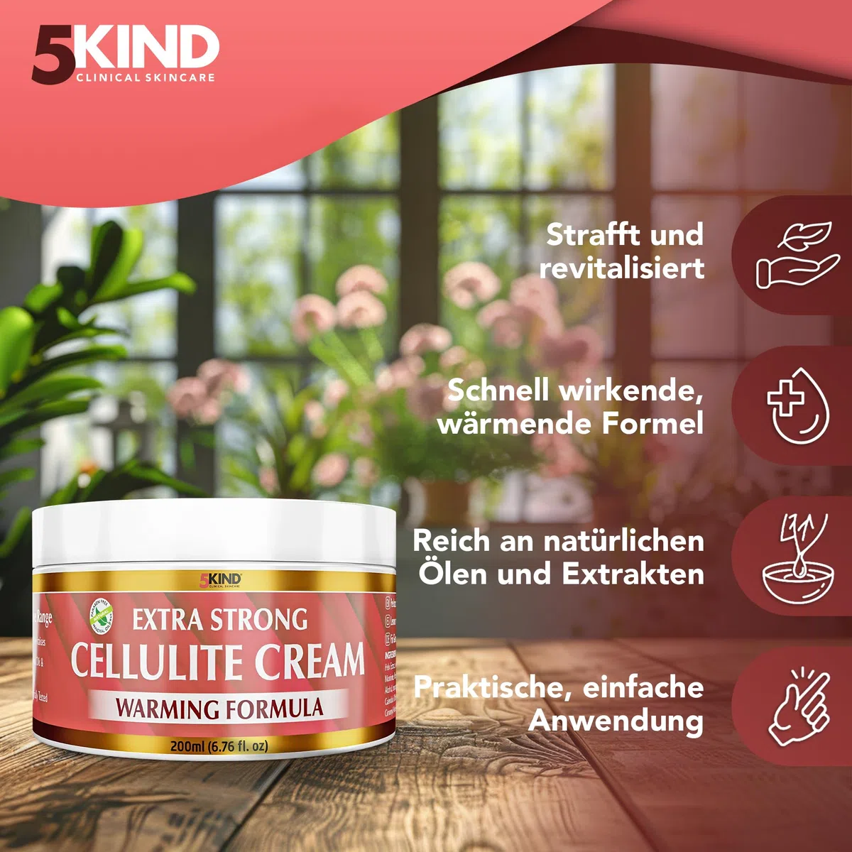 5Kind Extra Stark Anti-Cellulite Creme 200 ml – Natürliche wärmende Formel gegen Cellulite – Straffende Creme gegen Orangenhaut, effektive Cellulite-Behandlung - Beste hautstraffende