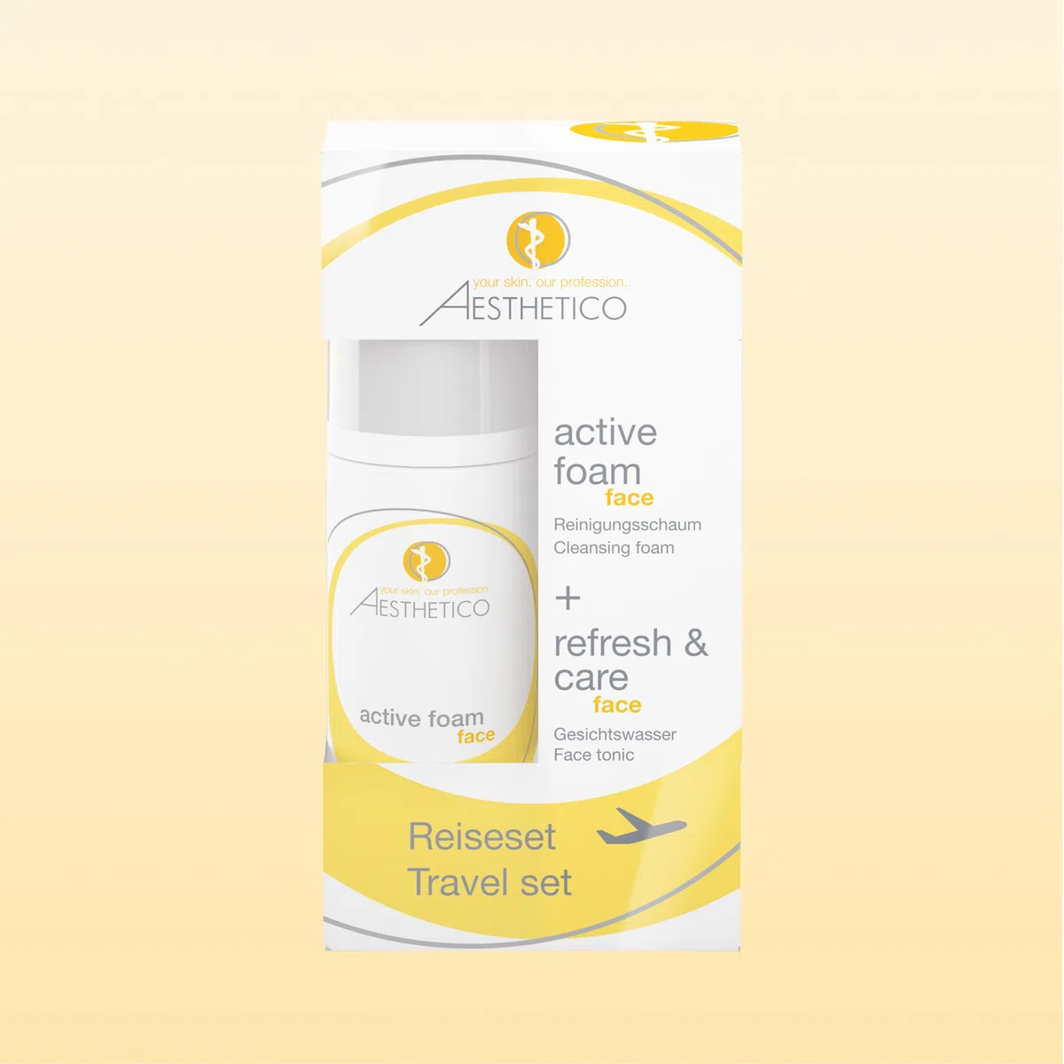 AESTHETICO Reiseset, 2x 50ml - praktische Hautreinigung für unterwegs, AE refresh and care und AE active foam in Reisegröße (auch als Handgepäck im Flugzeug)