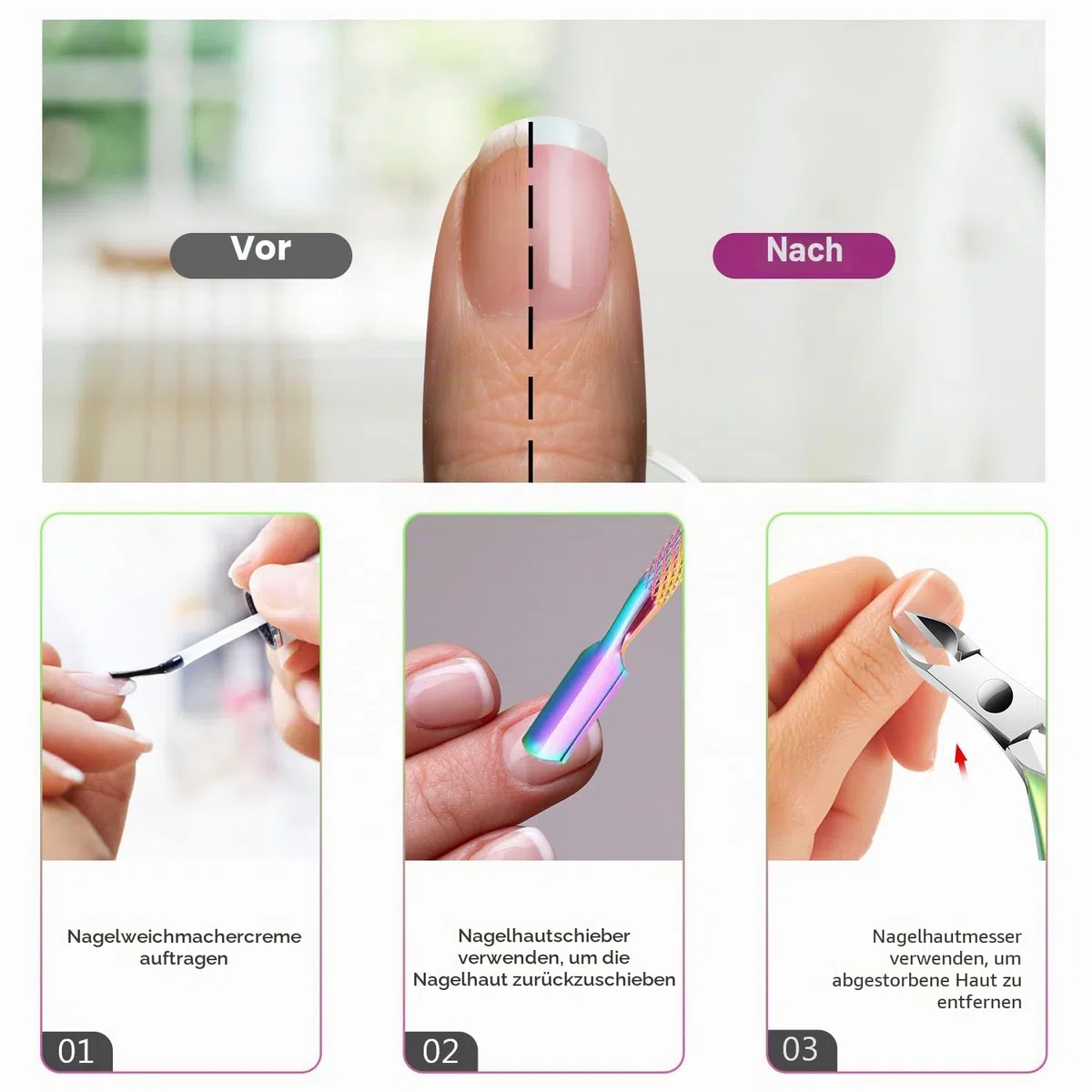 XUNXMAS 3 Pcs Nagelhautentferner mit nagelhautschieber, 5-in-1 Maniküre Set – Cuticle Remover, Hochwertiges Edelstahl Nagelhautschere, Nagelhautzange für Nagelstudio & Heimgebrauch
