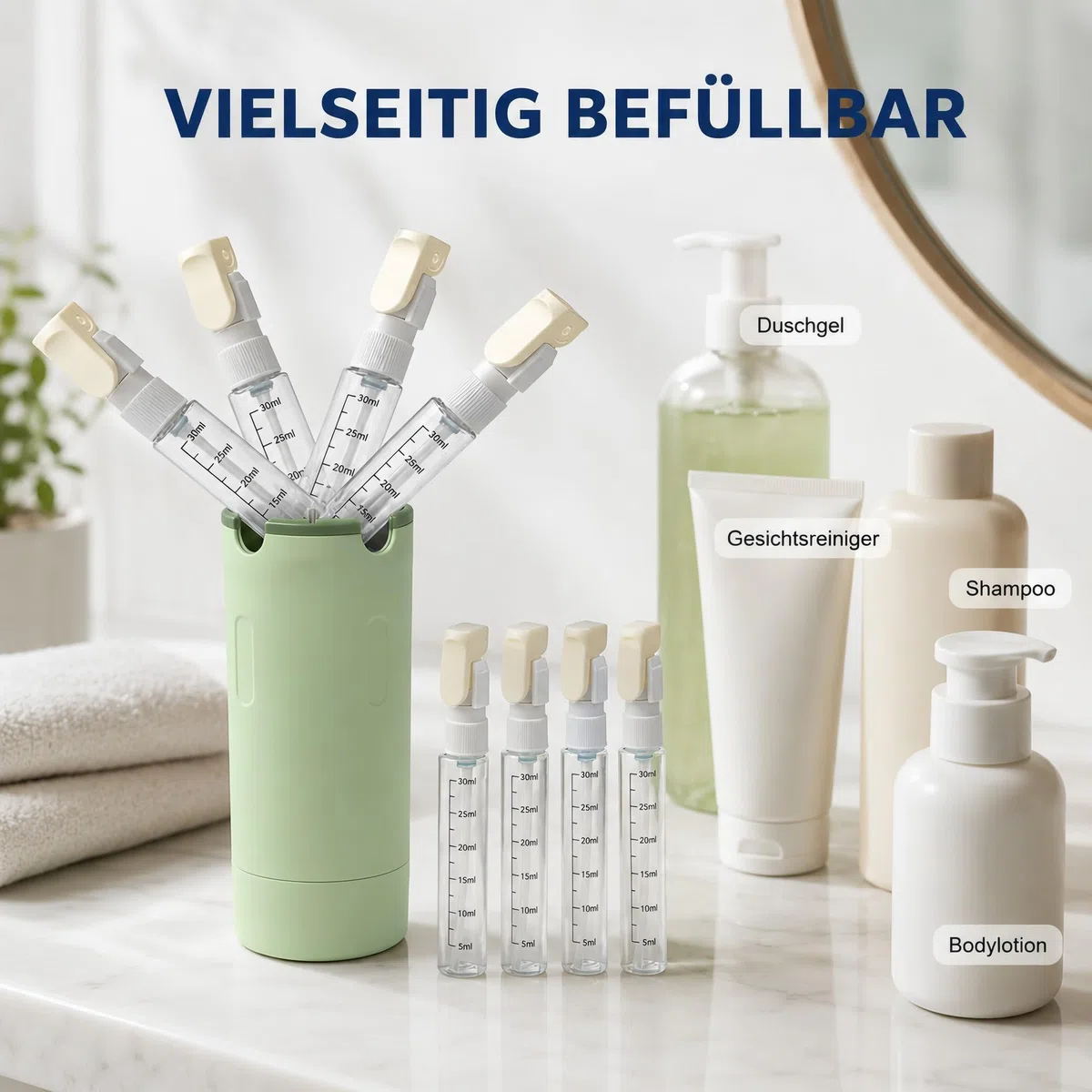Reisespender Reiseflaschen zum Befüllen 4 in 1 – Reise Gadgets Spenderflaschen mit Druckkopf, Wiederverwendbare Toilettartikel für Reise, Klassifizierungsetiketten für Shampoo, Creme, Lotion