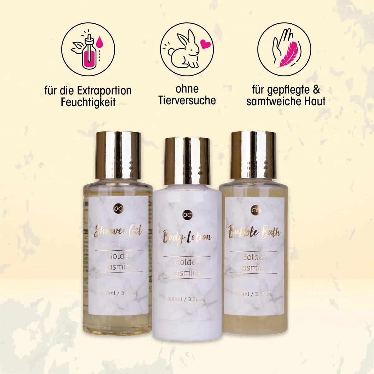 accentra MARBLE Badeset Geschenkset in wunderschönem, goldenem Pumps 4-teiliges Badeset Beautyset Pflegeset Duschset – für ein entspanntes SPAErlebnis