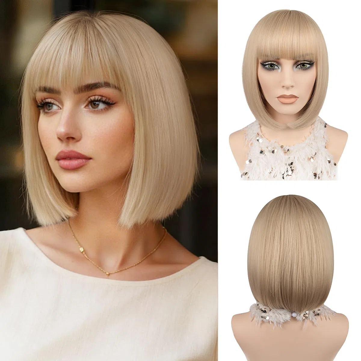 JIAMEISI Blonde Kurze Bob Perücke mit Pony 30cm Synthetische Faser Glattes Blonde Perücke für Damen Natürlich Aussehend Cosplay-Partys Weihnachten Halloween tägliche Nutzung (#24/60)