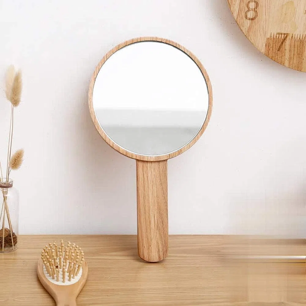 Hd Griff Make-up Spiegel Massivholz Tragbarer Rasierspiegel Handspiegel Schönheit Holz