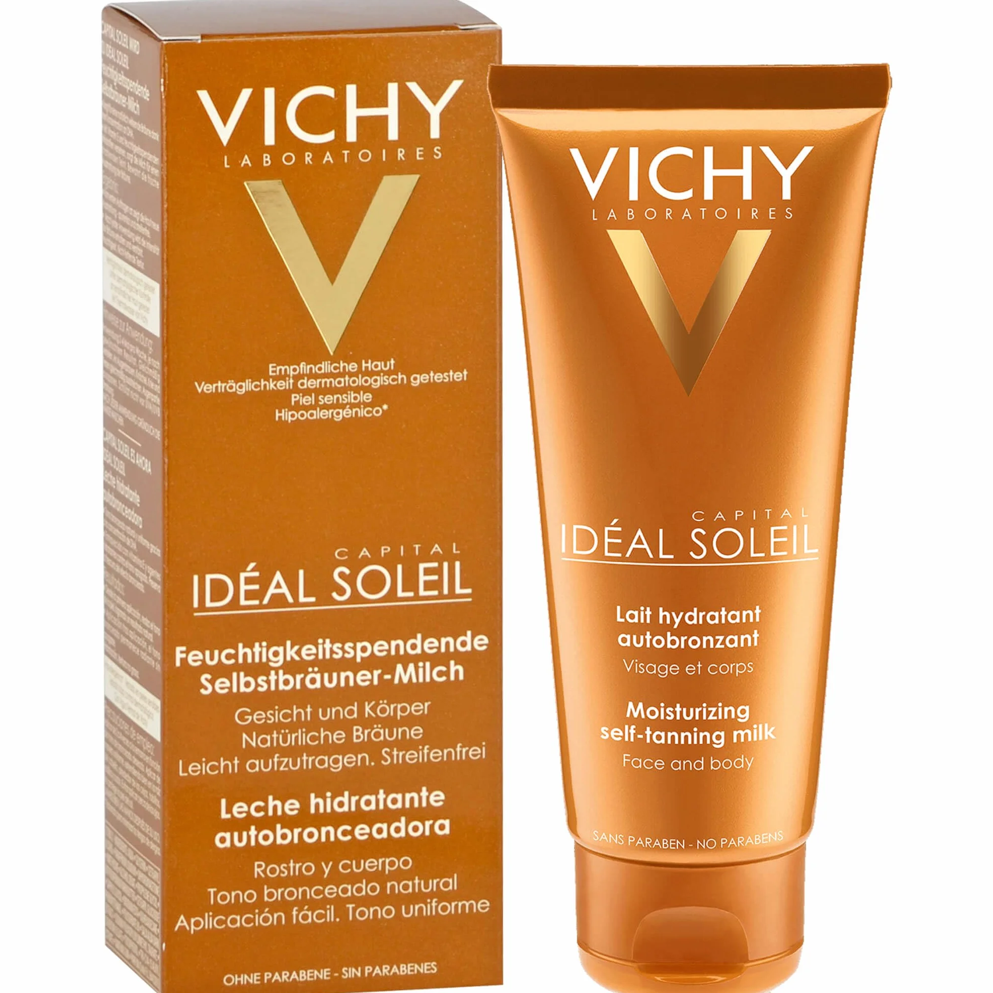 Vichy Ideal Soleil Selbstbräuner-Milch für Gesicht und Körper, Selbstbräuner mit Sheabutter, Für bis zu 8 Stunden Feuchtigkeit und eine einheitliche Bräune, 100 ml