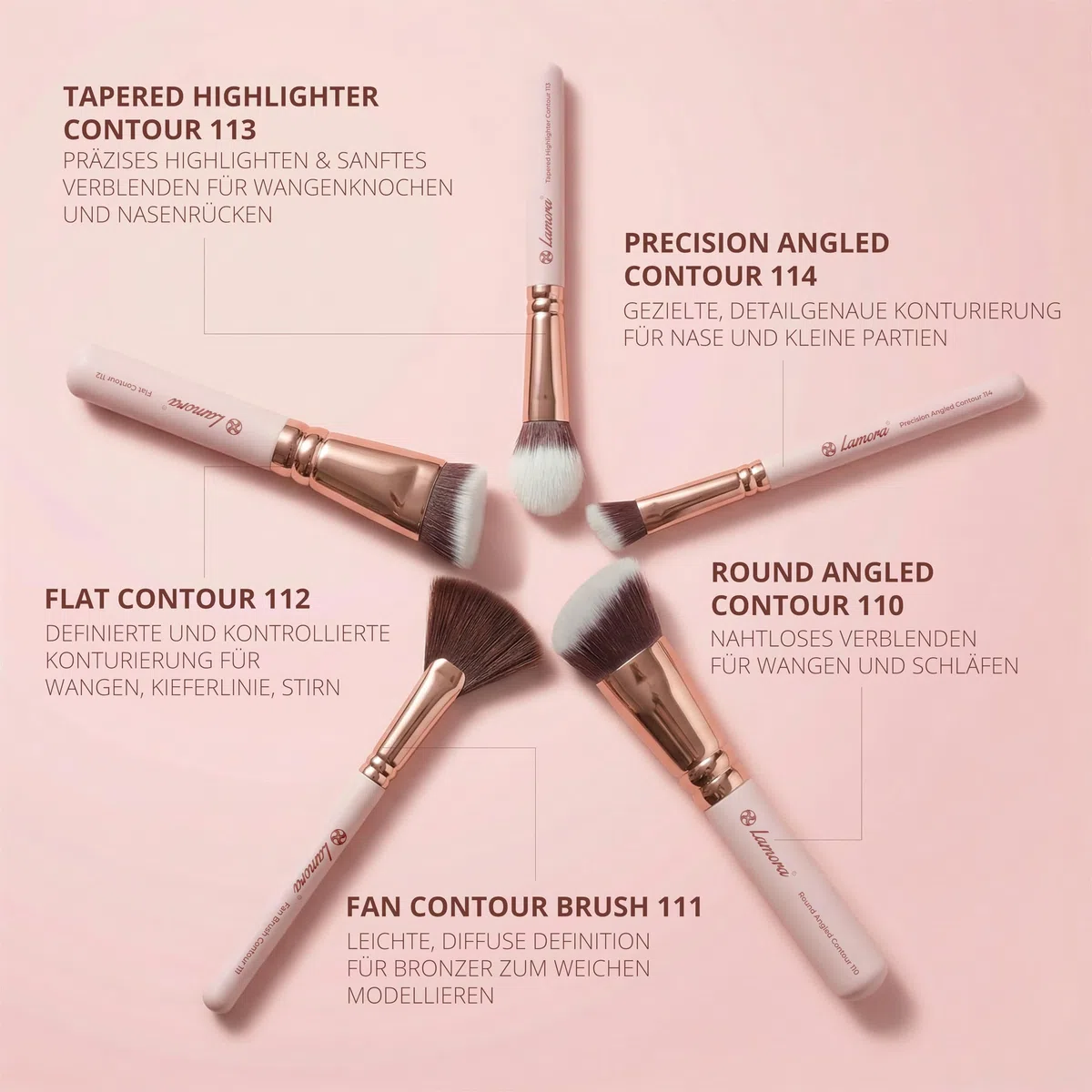 Profi Schminkpinsel Contouring Pinselset Rosegold - Grundierungs Kontur Pinsel Set - 5 Kosmetikpinsel Vegan und Tierversuchsfrei für ein perfektes Make Up