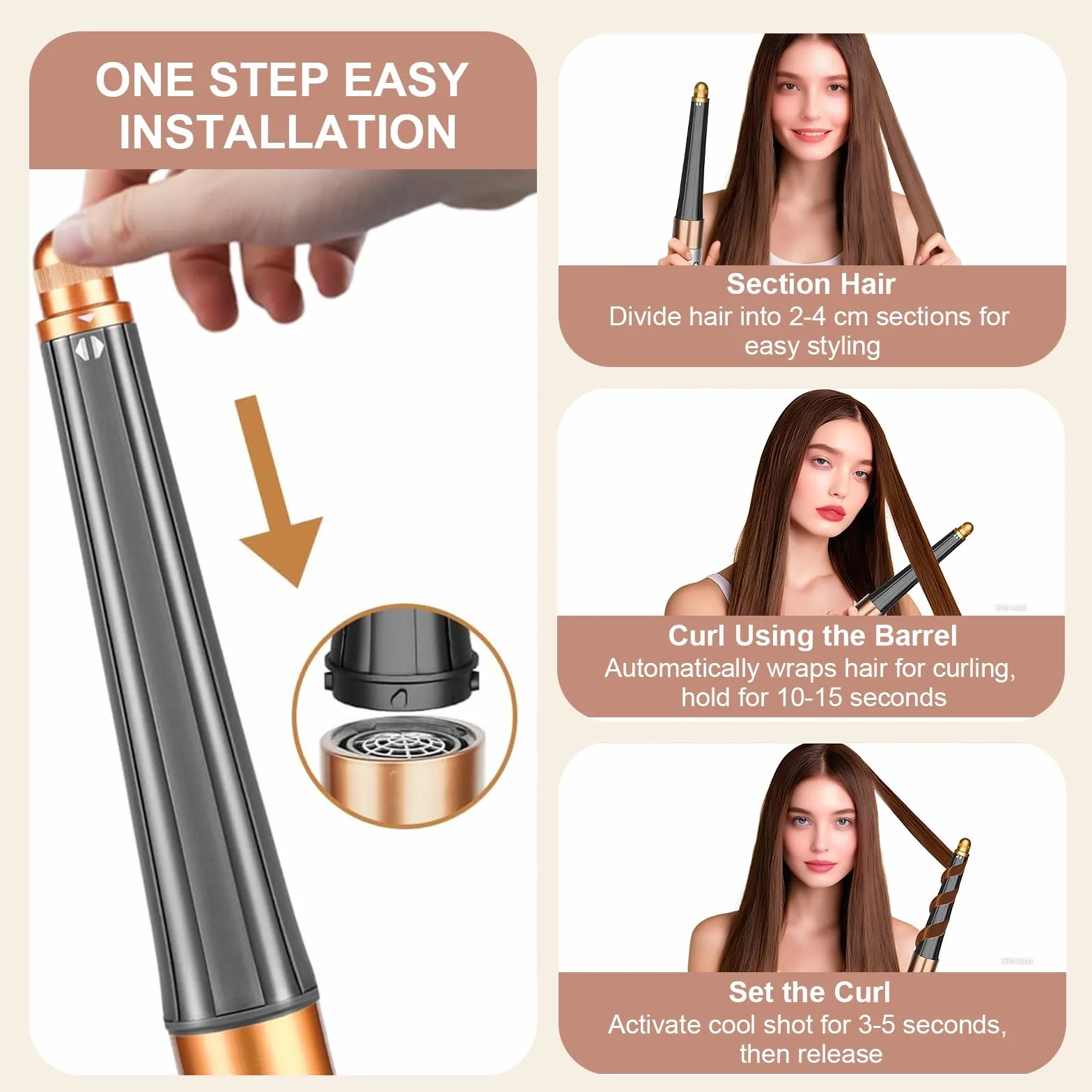 Konischer Lockenaufsatz für Dyson Airwrap, Kompatibel mit HS01/HS05/HS08, für Dyson Aufsatz Airwrap 20-36mm, Selbstwickelnde Lockenwickler(Goldfarben)