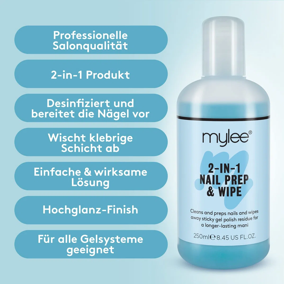 Mylee"Prep + Wipe" Gel-Nagellackreiniger und Reinigungsmittel für UV/LED-Maniküreazeton 2x250ml