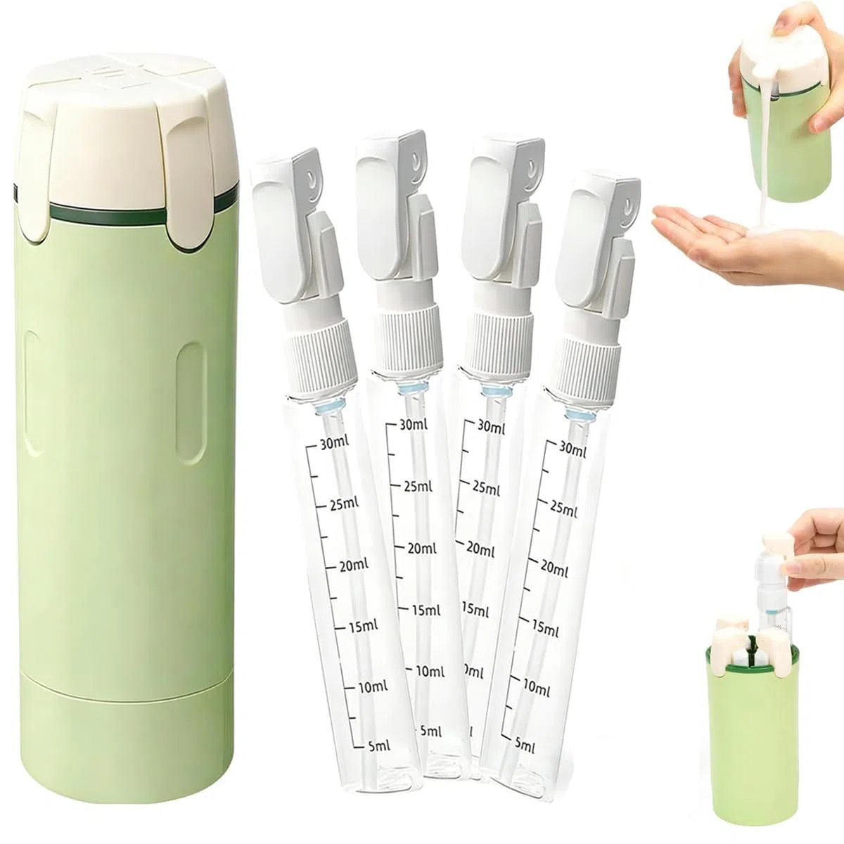 4-in-1 Reise Flaschen Set, Wiederbefüllbare Reisebehälter für Toilettenartikel, Druckknopf-Öffnung, Auslaufsicher, Kosmetik Flaschen mit Skala & Etiketten für Shampoo, Lotion, Conditioner & Creme