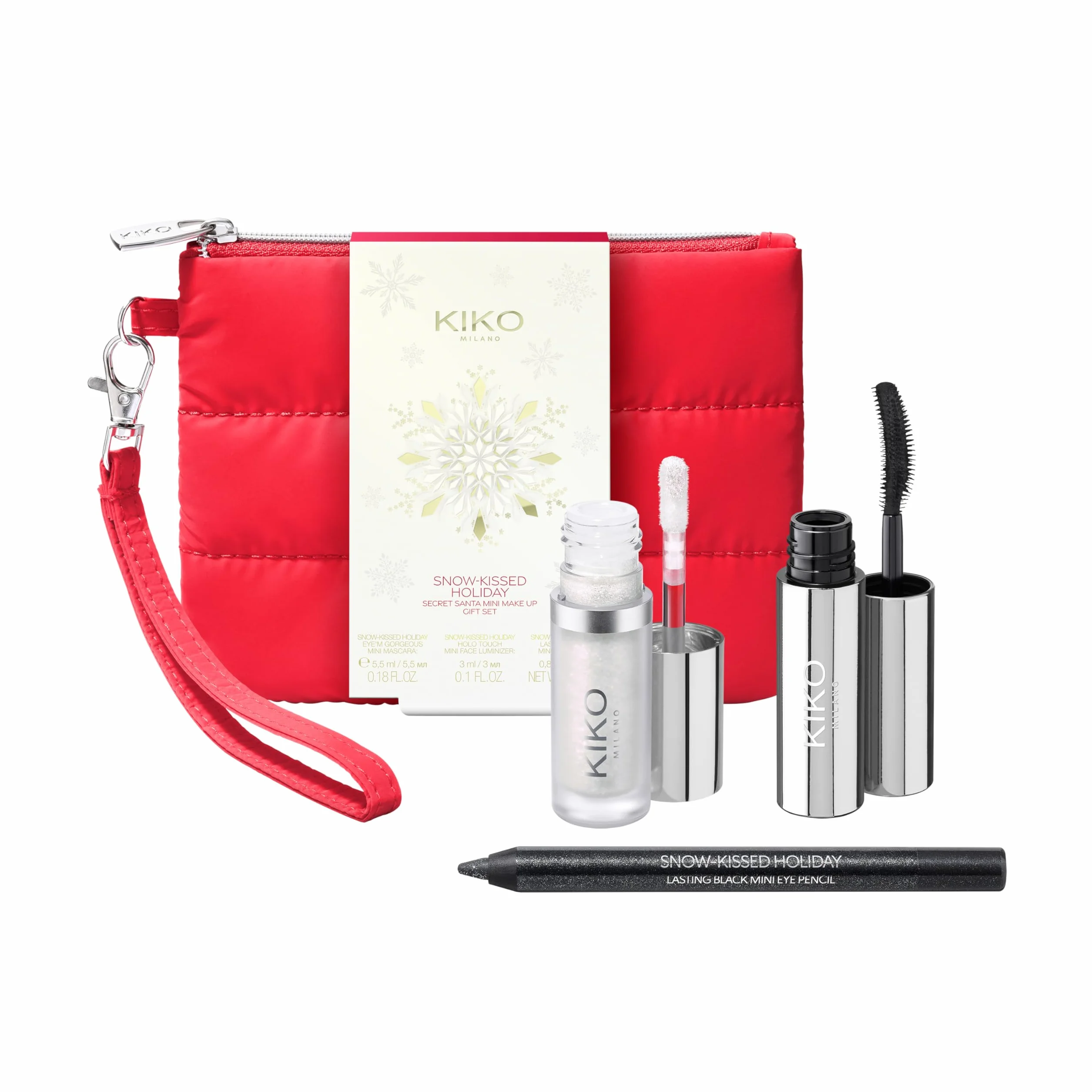 KIKO Milano Snow-Kissed Holiday Secret Santa Mini Make Up Gift Set, Make-Up-Geschenkset: Volumen-Mascara, Kajalstift Und Flüssig-Highlighter Im Miniformat
