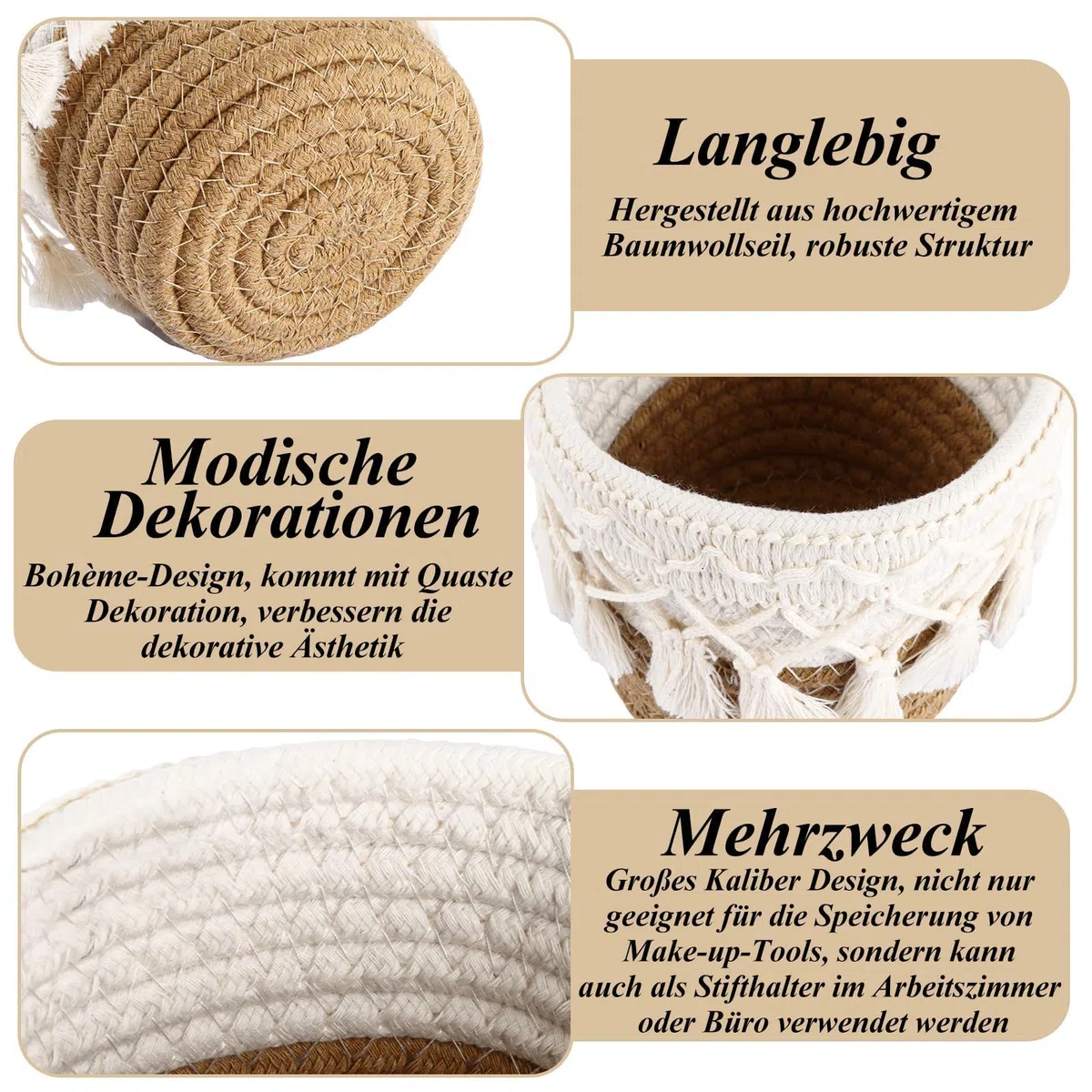 3 Stück Make up Pinselhalter,Aufbewahrungsbox Baumwoll Korb,Kammpinsel,Mini Aufbewahrungskorb,Aufbewahrungskorb Geflochten Klein,Aufbewahrungsbox,Boho-Dekorkörben für Stifte, Bleistifte,Braun