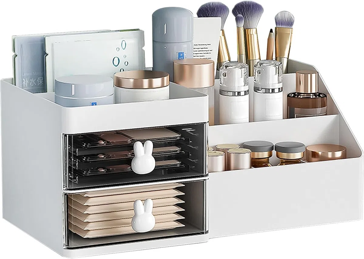 Make Up Organizer Kosmetik Aufbewahrungsbox Schminktisch Kosmetik Organizer mit Schublade, Make-up Schminkbox mit Schubladen für Dresser, Schlafzimmer, Badezimmer (weiß)