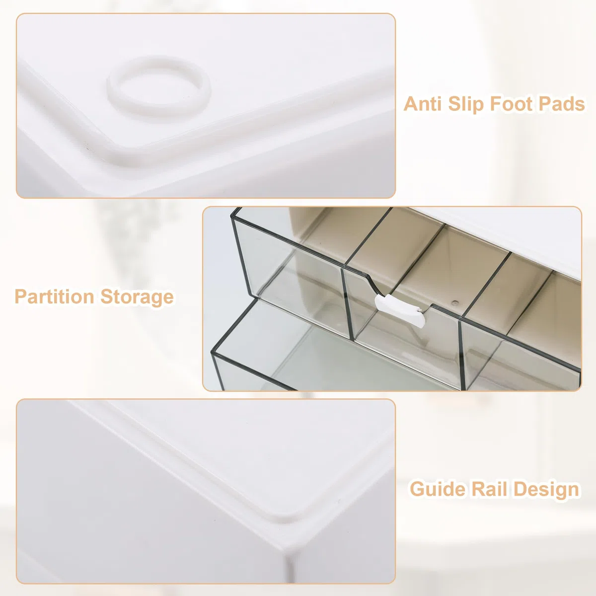 3 Stück Acryl Badezimmer Organizer, Kosmetik Organizer Set, Transparent Bad Schubladen Organizer, Schminktisch Organizer, Make Up Organizer für Kommode Bad (1 Fach+3 Fächer+Lippenstiftfach)