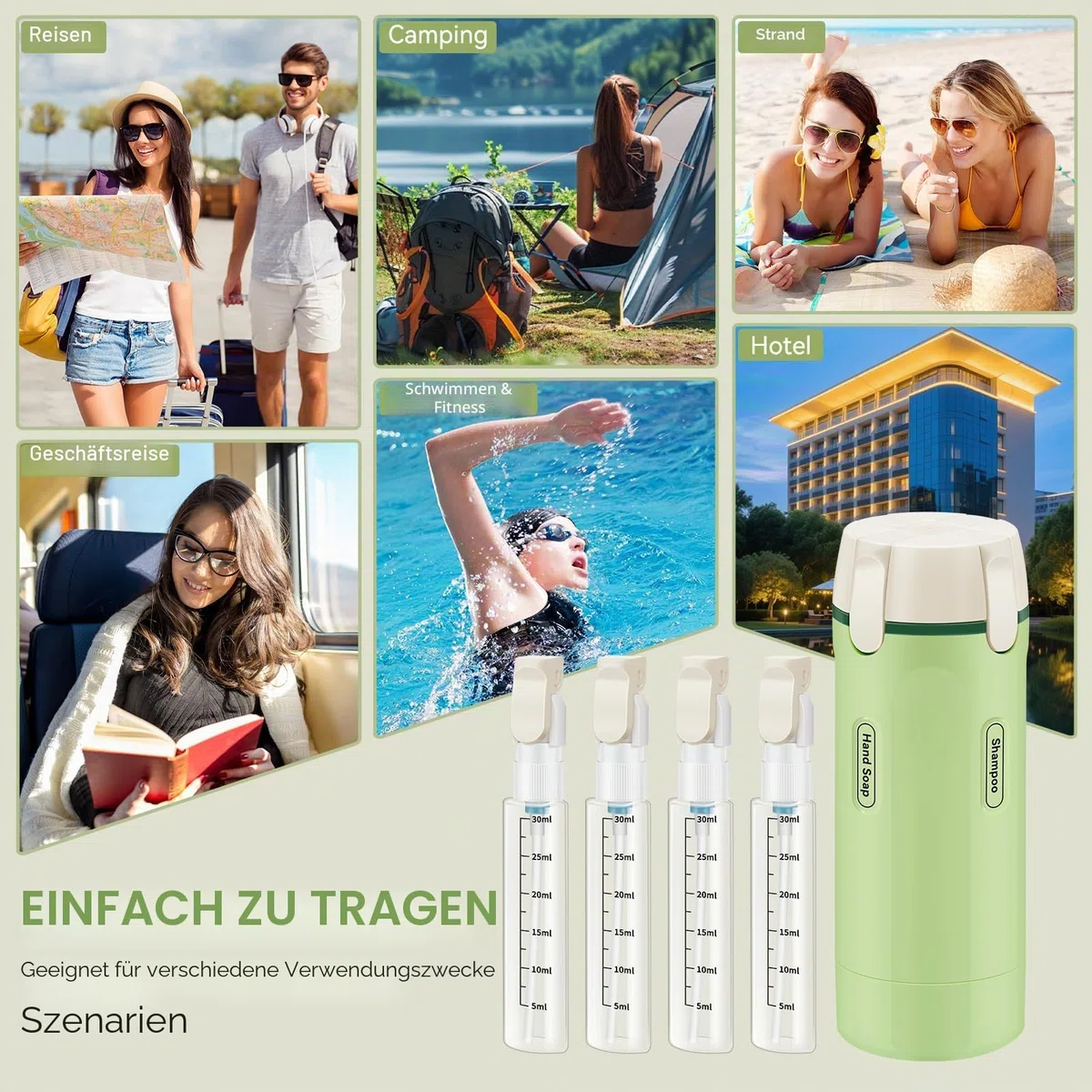 4-in-1-Reisespender, nachfüllbare Reiseflaschen für Toilettenartikel, auslaufsicher, tragbar, mit Skala und Etikett, für Shampoo, Conditioner, Lotion, Creme, Geschäftsflüge, Reisen, Fitnessstudio