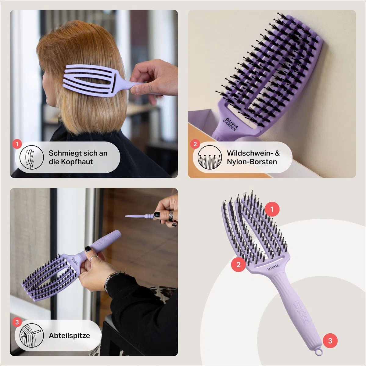Olivia Garden Fingerbrush Care Iconic - Entwirrende Haarbürste mit Wildschwein- & Nylon-Borsten für ultimativen Glanz und glattes Styling