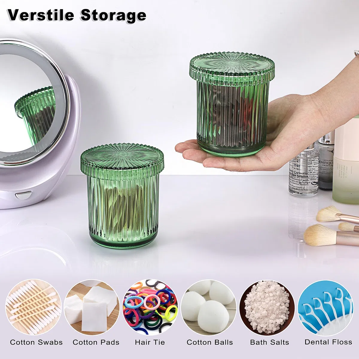2 Stück Glas Wattestäbchen Behälter Wattepads Box mit Deckel Rund Wattepadspender Grün Aufbewahrungsbehälter für Badezimmer, Schlafzimmer, Waschbecken, Schminktisch, Waschtisch (sichtbar)