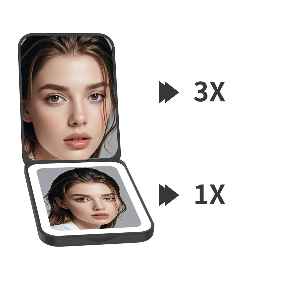 Kintion LED Taschenspiegel, 1X/3X Reisespiegel mit licht, Wiederaufladbarer Taschenspiegel, 3 Farbtemperatur Taschenspiegel Klappbar, Dimmbar, Kleine Handtaschenspiegel Frauen als Geschenk, Schwarz