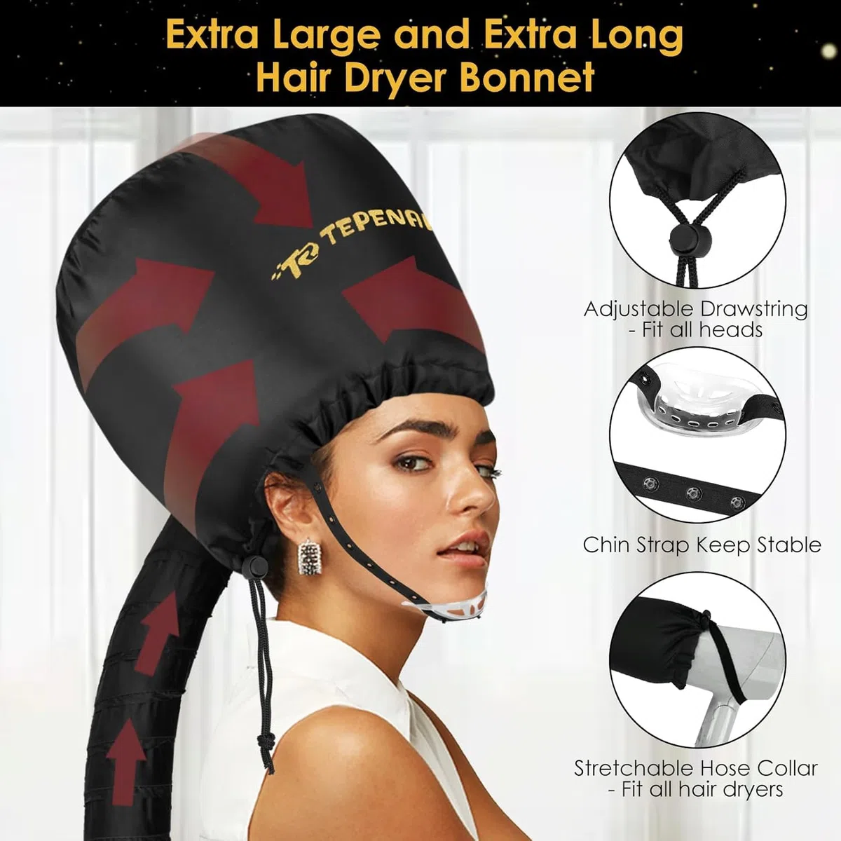 TEPENAR Haartrockenhaube Aufsatz – Große Verbesserte Haube für Föhn Verstellbare, Weiche Trockenhaube, Einfach zu Benutzen für Naturlocken, Texturiertes Haar, Schnelles Styling & Trocknen(Schwarz)