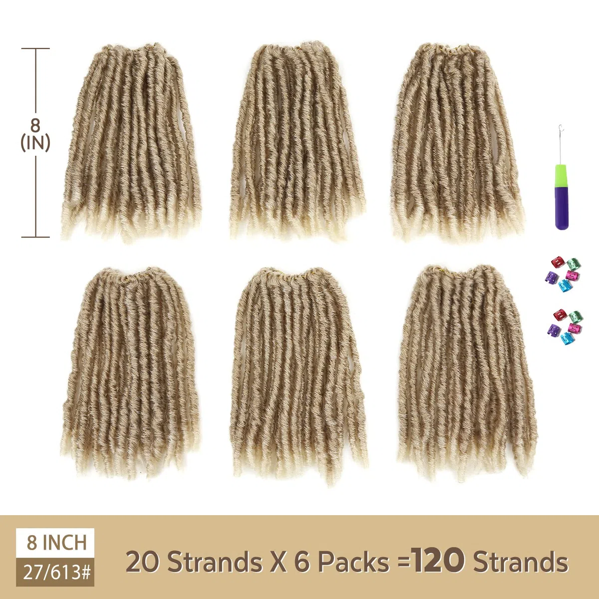 WIGNEE Hook-Hair 120 Strähnen Faux Locs 20 cm, weiche, vorgezwirnte Locs, 6 Packungen vorgezwirntes Hook-Hair für schwarze Frauen (20 cm, 27/613)