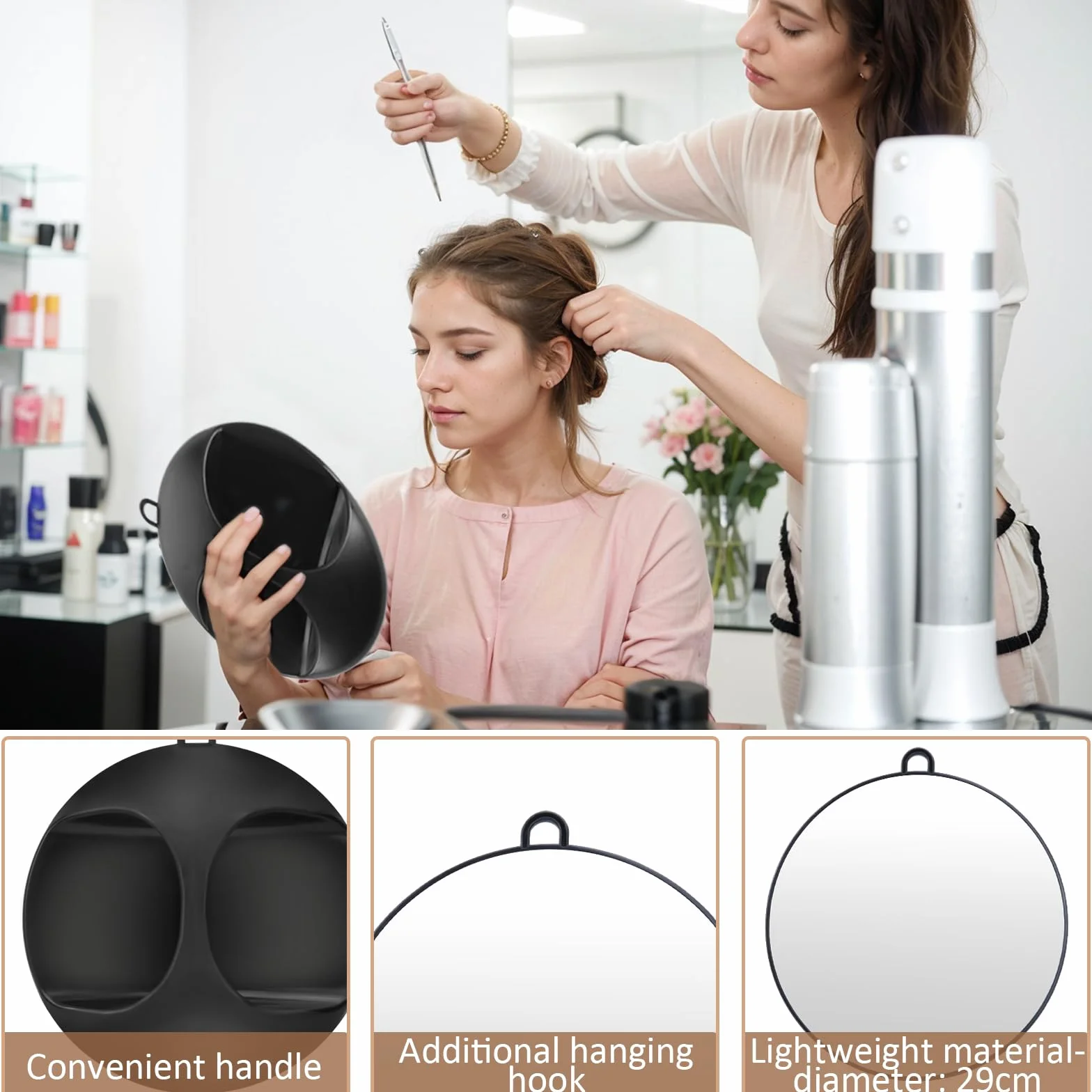 Großer Runder Spiegel Schwarz Friseur Spiegel Professional Handspiegel Schwarz Praktischer Friseur Handspiegel Tragbarer Friseurspiegel zum Halten oder Aufhängen Runder Handfriseurspiegel für Frisör