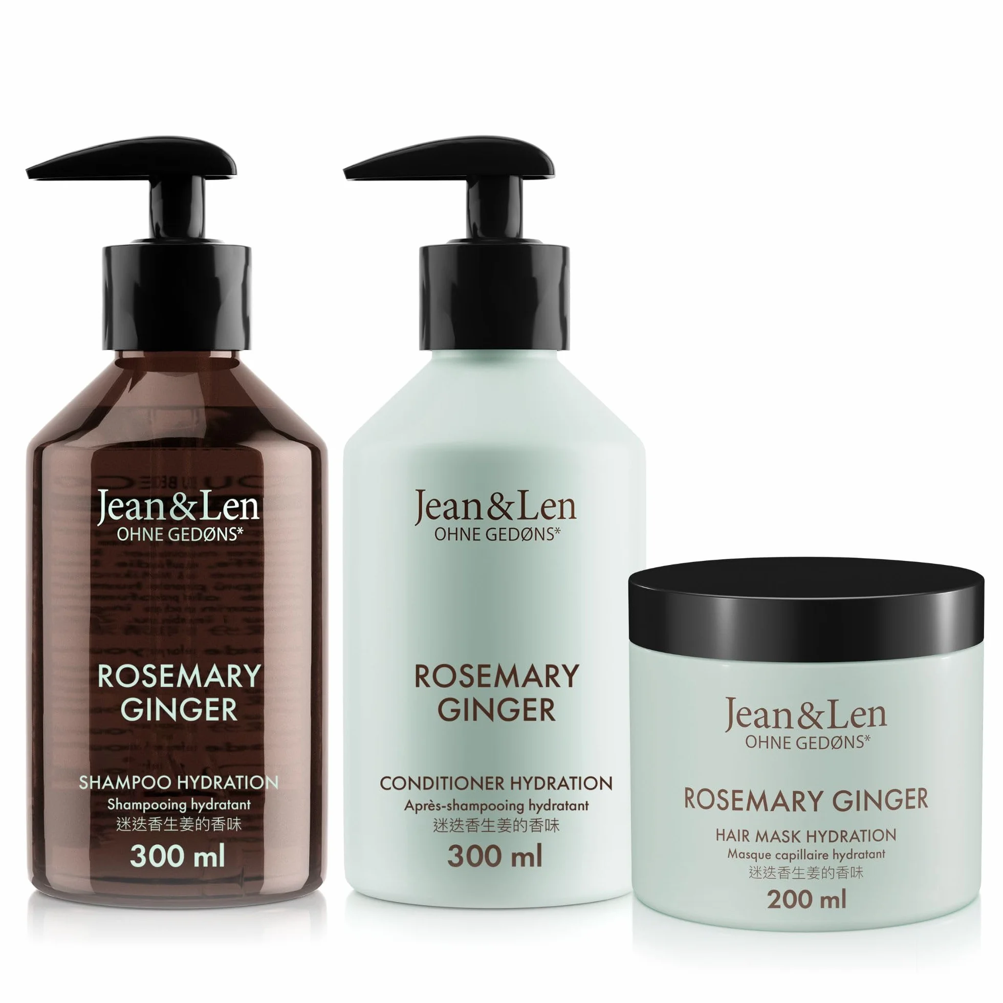 Jean & Len Haarpflege Set Rosemary & Ginger für trockenes und glanzloses Haar, Feuchtigkeit Shampoo, Conditioner und Haarkur im Set, würziger Duft, ohne Parabene & Silikone, 2 x 300 ml + 1 x 200 ml