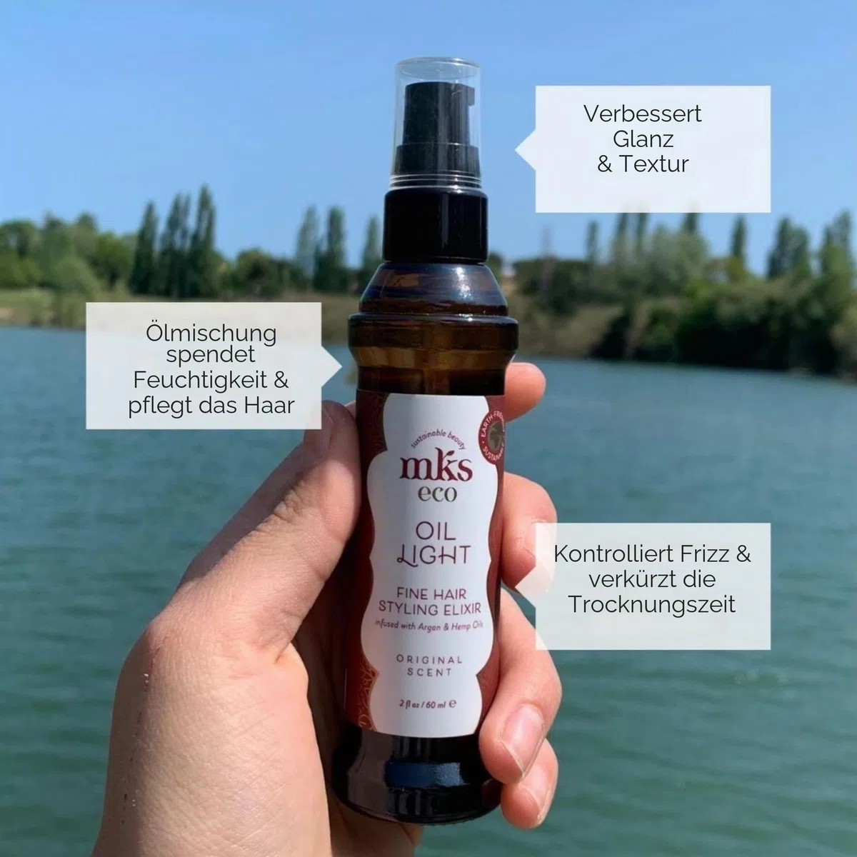 MKS Eco Oil Light, Original - 2 fl oz - Haarstyling-Elixier - Marokkanisches Arganöl, Hanfsamenöl - Ideal für feines Haar - Spendet Feuchtigkeit, pflegt das Haar und kontrolliert Frizz