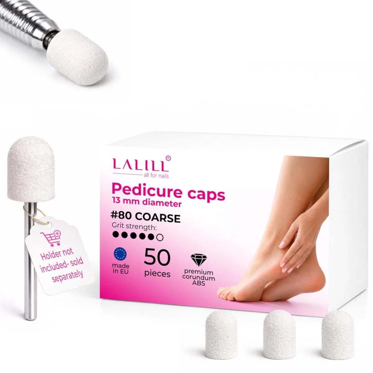 LALILL Schleifkappen LUX 50 Stück – weiße Fräskappen für Nagelfräser – Maniküre, Pediküre & Podologie – Aufsätze für Fußpflege, Hornhautentfernung, Nagelmodellage, 13mm 80er Körnung