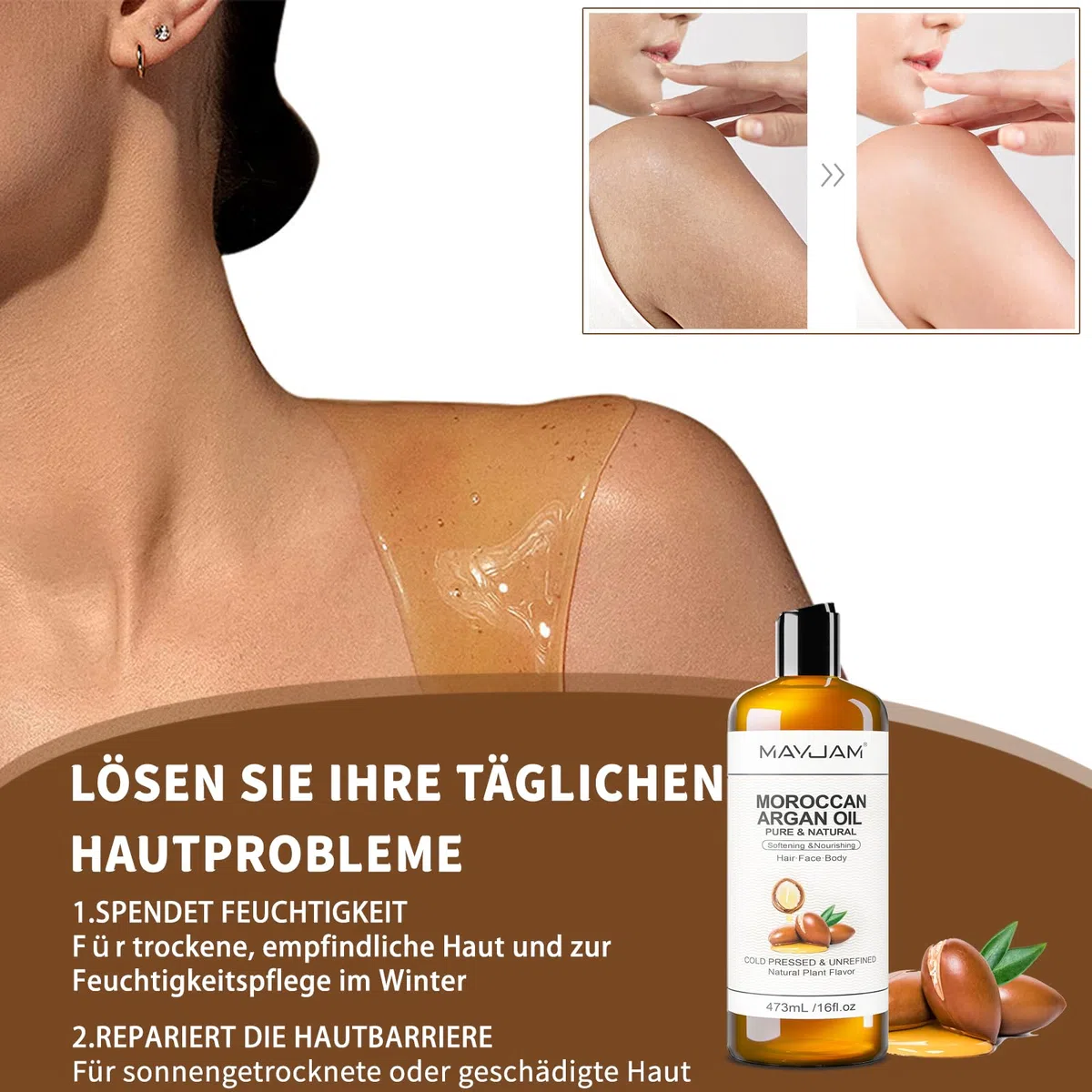 MAYJAM Arganöl 473ML, Körperöl für Gesicht, Haut, Haare, Haaröl Arganöl Kaltgepresst Reines Natürliches, Pflegeöl Befeuchtend & Anti-Aging, Moroccan Argan Oil