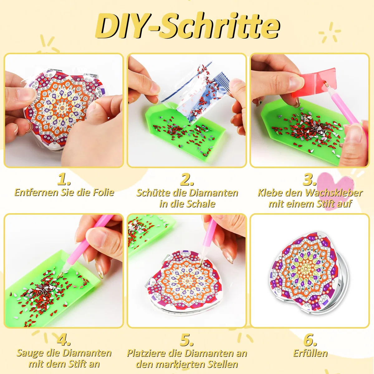 Ghope DIY Diamond Painting Taschenspiegel, 4PCS Diamant Gemälde Kompakte Spiegel Tragbarer Personalisiert Reisespiegel Faltbarer Geldbörsenspiegel für Mädchen und Frauen Geschenke