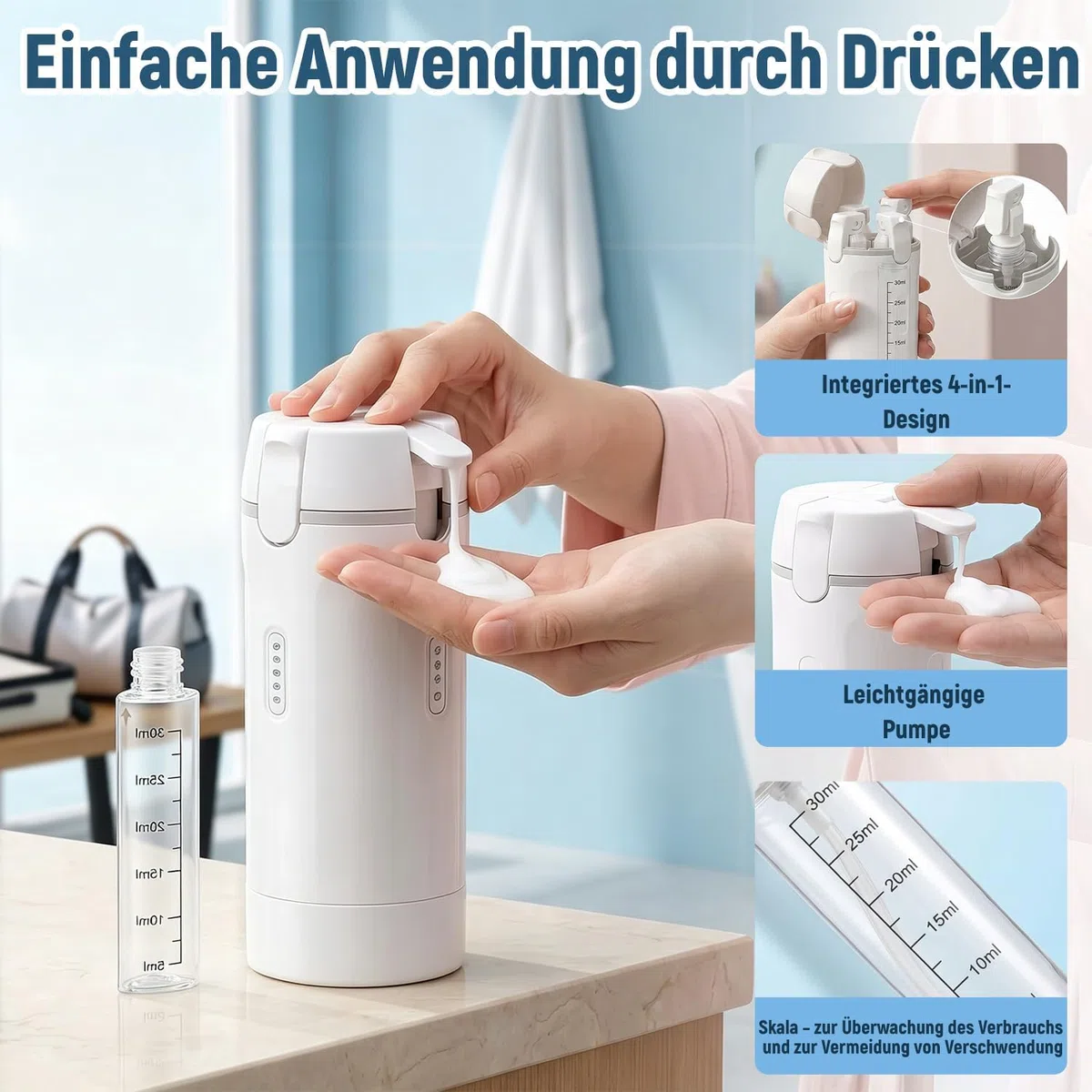 Ruichi 4-in-1-Reisespender, Refillable Travel Dispenser Bottles, Nachfüllbare Reiseflaschen für Toilettenartikel, Reise Gadgets Reiseflaschen, Reiseset Flüssigkeiten Set für Shampoo, Lotion und Crem