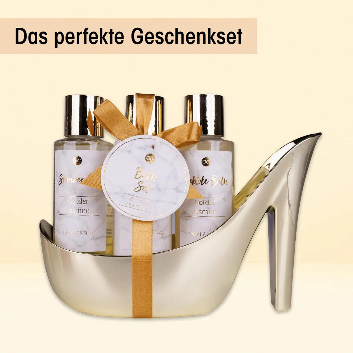 accentra MARBLE Badeset Geschenkset in wunderschönem, goldenem Pumps 4-teiliges Badeset Beautyset Pflegeset Duschset – für ein entspanntes SPAErlebnis