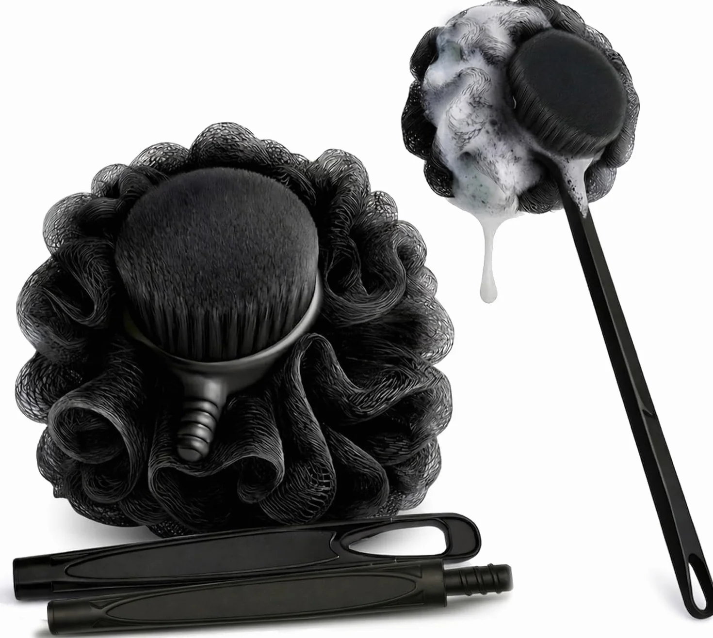 Loofah mit Griff & Duschbürste Kohle 2er-Pack – Rückenreiniger für die Dusche für Männer & Frauen, Körperbürste ideal zur Exfoliation, Rückenloofah für die Dusche mit Badebürste