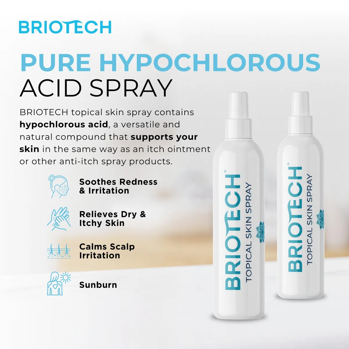 BRIOTECH Topical Skin Spray - Pure Hypochlorous Acid Spray für Anti Juckreiz, Hautausschlag, Sonnenbrand, Allergien - Beruhigendes Hypochlorige Säure Hautschutzspray - sanft, alkoholfrei, 100 ml