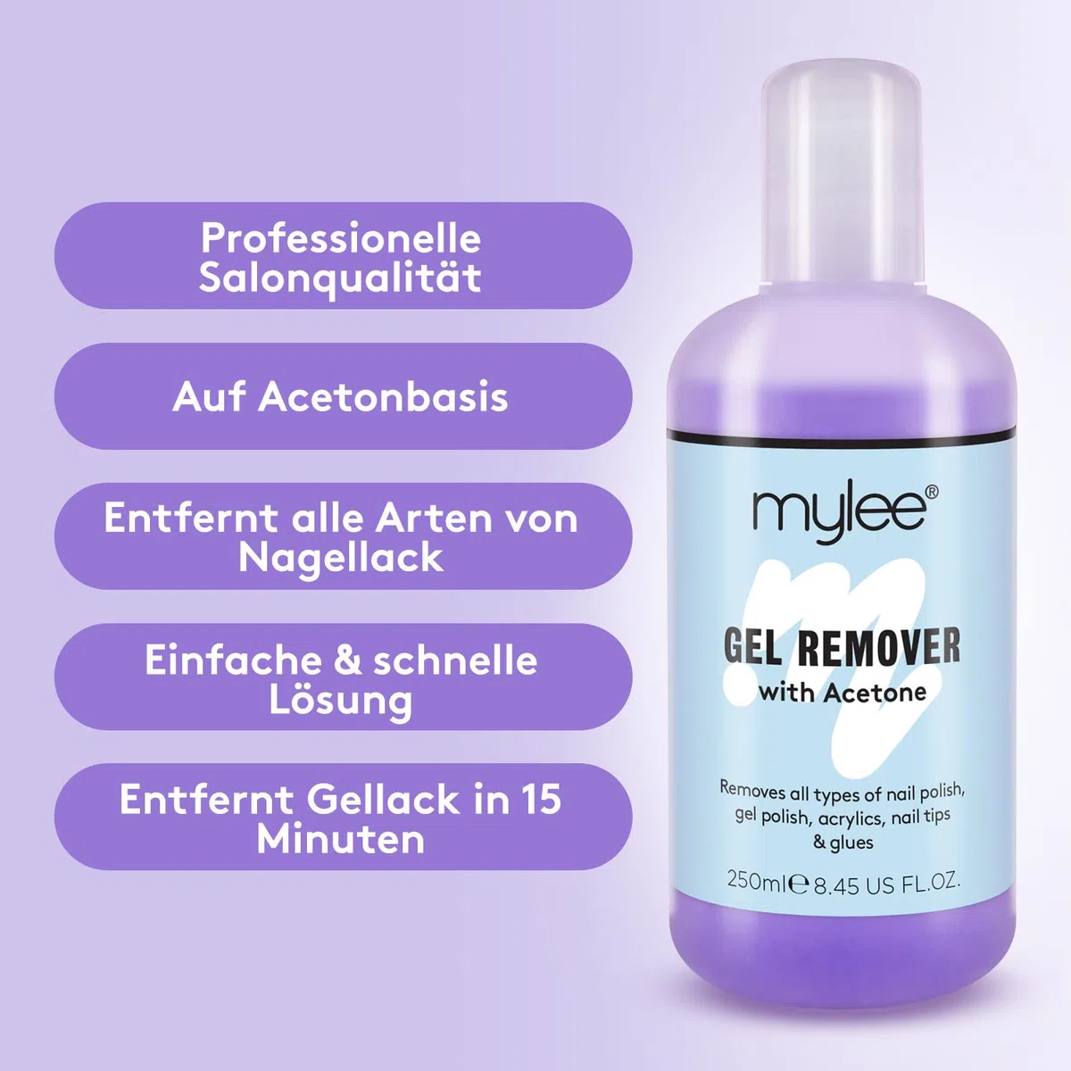 Mylee"Prep + Wipe" Gel-Nagellackreiniger und Reinigungsmittel für UV/LED-Maniküreazeton 2x250ml