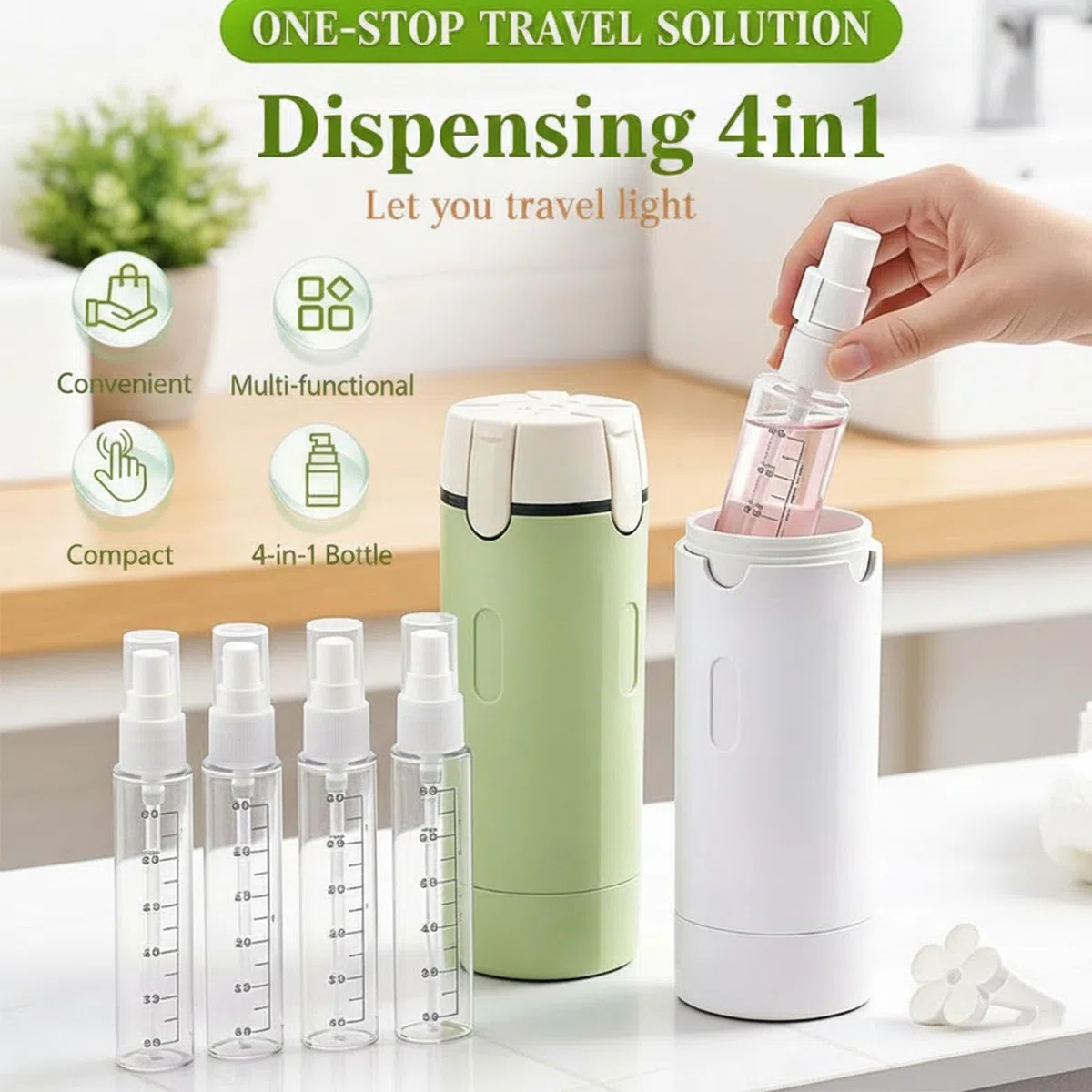 4 in 1 Reise-Spenderflasche, nachfüllbar, auslaufsicher, Kulturbeutel, tragbare Reiseflaschen für Shampoo, Lotion, Conditioner, Duschgel (Grün)