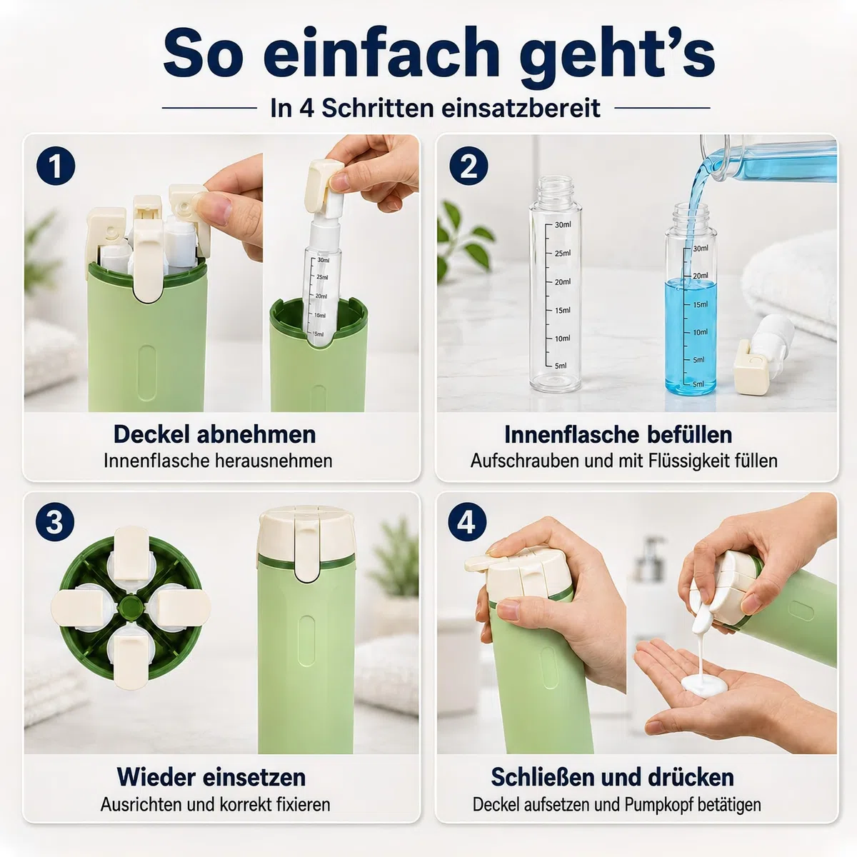 Reisespender Reiseflaschen zum Befüllen 4 in 1 – Reise Gadgets Spenderflaschen mit Druckkopf, Wiederverwendbare Toilettartikel für Reise, Klassifizierungsetiketten für Shampoo, Creme, Lotion