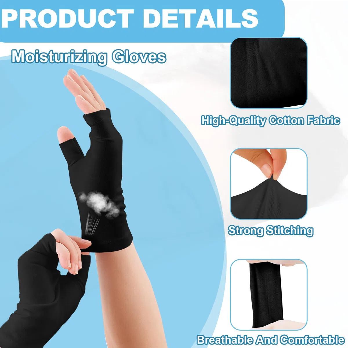 6 Paar Fingerlose Ekzem Handschuhe, Weiche Schwarz Baumwollhandschuhe FüR Ekzeme, Neurodermitis Handschuhe, Fingerlose Baumwollhandschuhe FüR Trockene HäNde, SchöNheit, Hand Spa