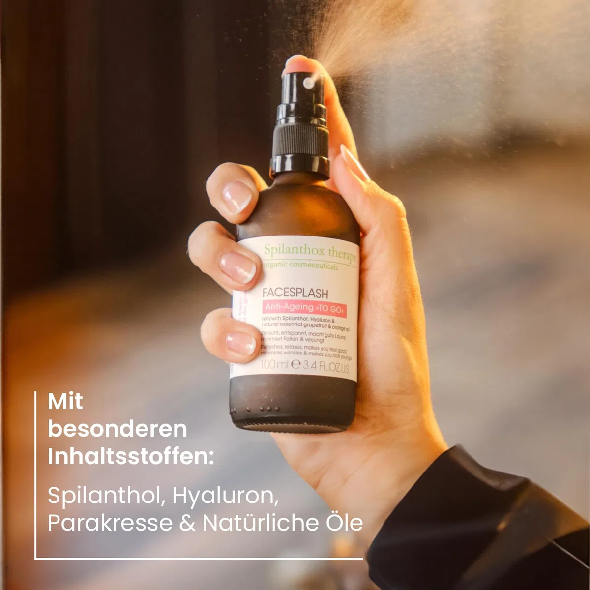 Spilanthox therapy - Facesplash Anti-Aging „TO GO“ - straffende & pflegende Gesichtspflege - Spilanthol & Hyaluronsäure - Setting Spray für Make-up - 100% Bio-Botox - vegane Naturkosmetik - 100ml