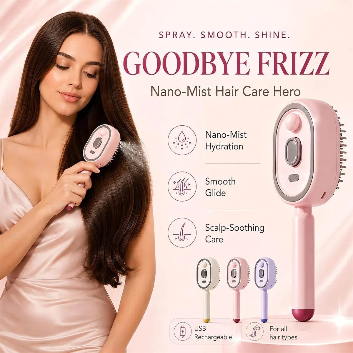 Electric Spray Air Cushion Massage Comb, 3-in-1 Spray Air Cushion Massage Comb & Self-Cleaning, Rechargeable Scalp Massage Brush, Anti-Static Detangling Hairbrush for Wet, Dry, Curly Hair (Pink)