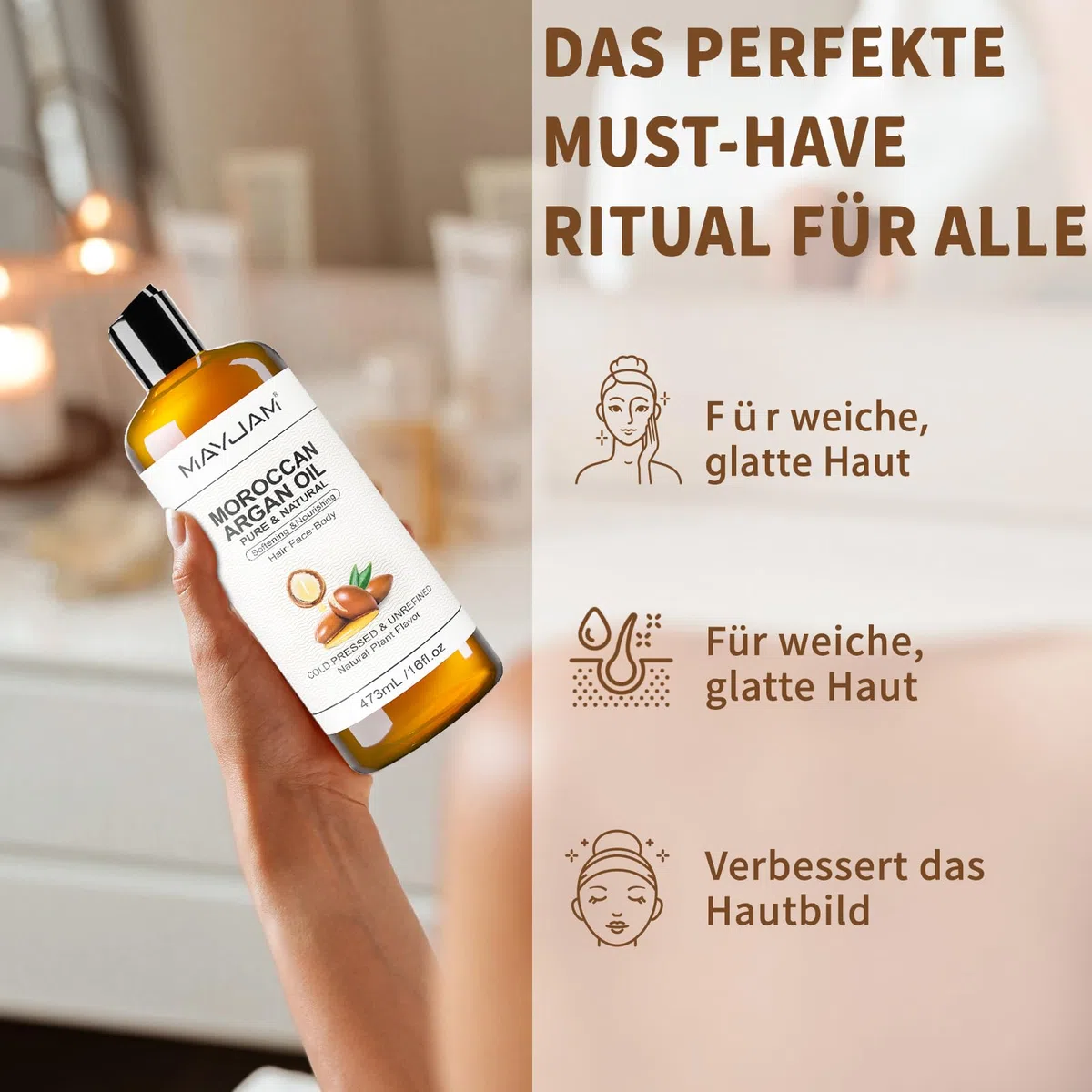 MAYJAM Arganöl 473ML, Körperöl für Gesicht, Haut, Haare, Haaröl Arganöl Kaltgepresst Reines Natürliches, Pflegeöl Befeuchtend & Anti-Aging, Moroccan Argan Oil
