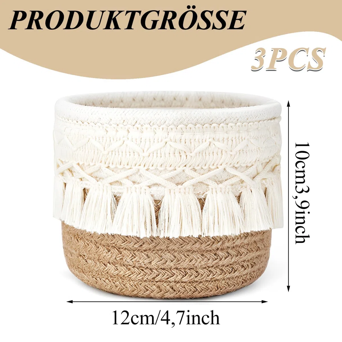 3 Stück Make up Pinselhalter,Aufbewahrungsbox Baumwoll Korb,Kammpinsel,Mini Aufbewahrungskorb,Aufbewahrungskorb Geflochten Klein,Aufbewahrungsbox,Boho-Dekorkörben für Stifte, Bleistifte,Braun