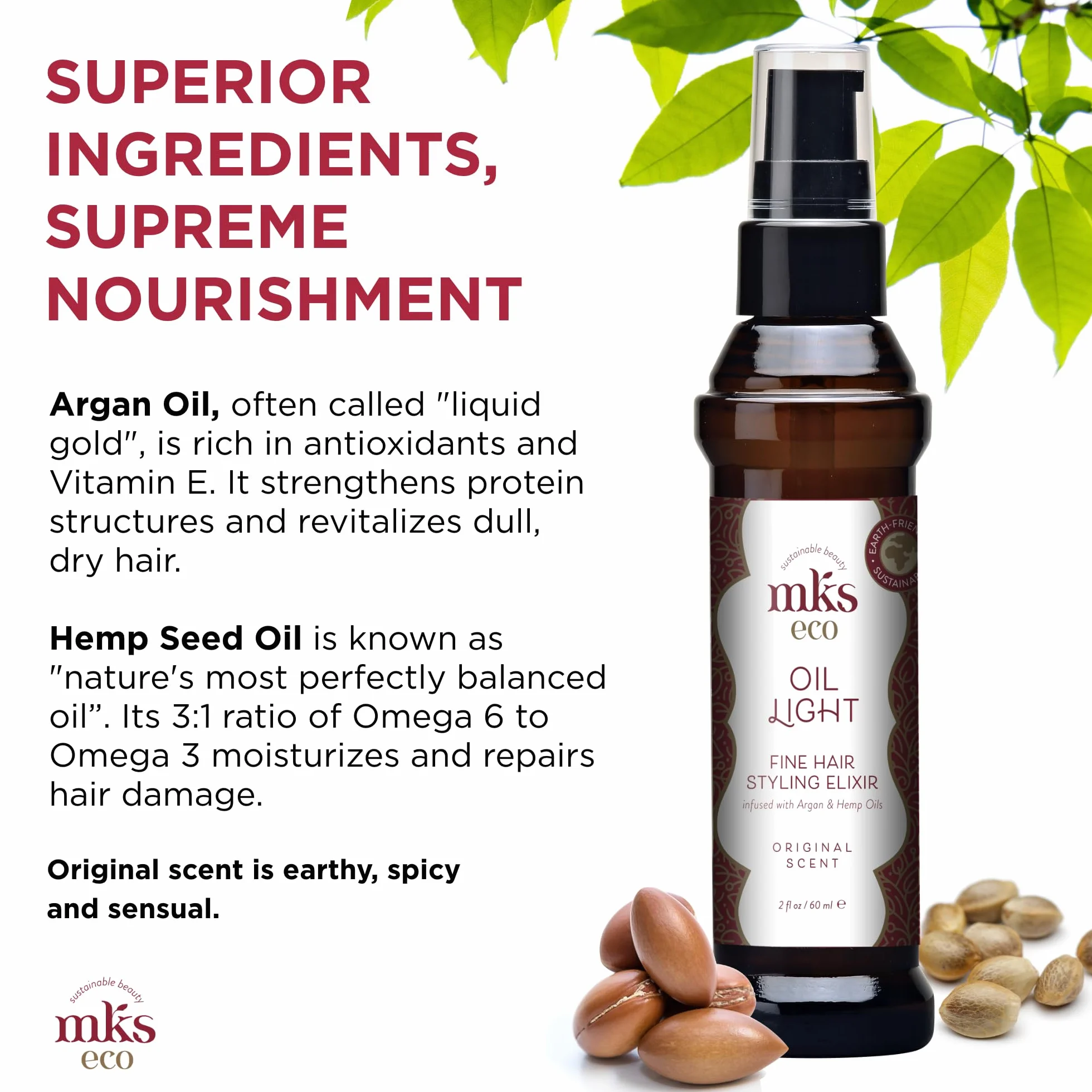 MKS Eco Oil Light, Original - 2 fl oz - Haarstyling-Elixier - Marokkanisches Arganöl, Hanfsamenöl - Ideal für feines Haar - Spendet Feuchtigkeit, pflegt das Haar und kontrolliert Frizz